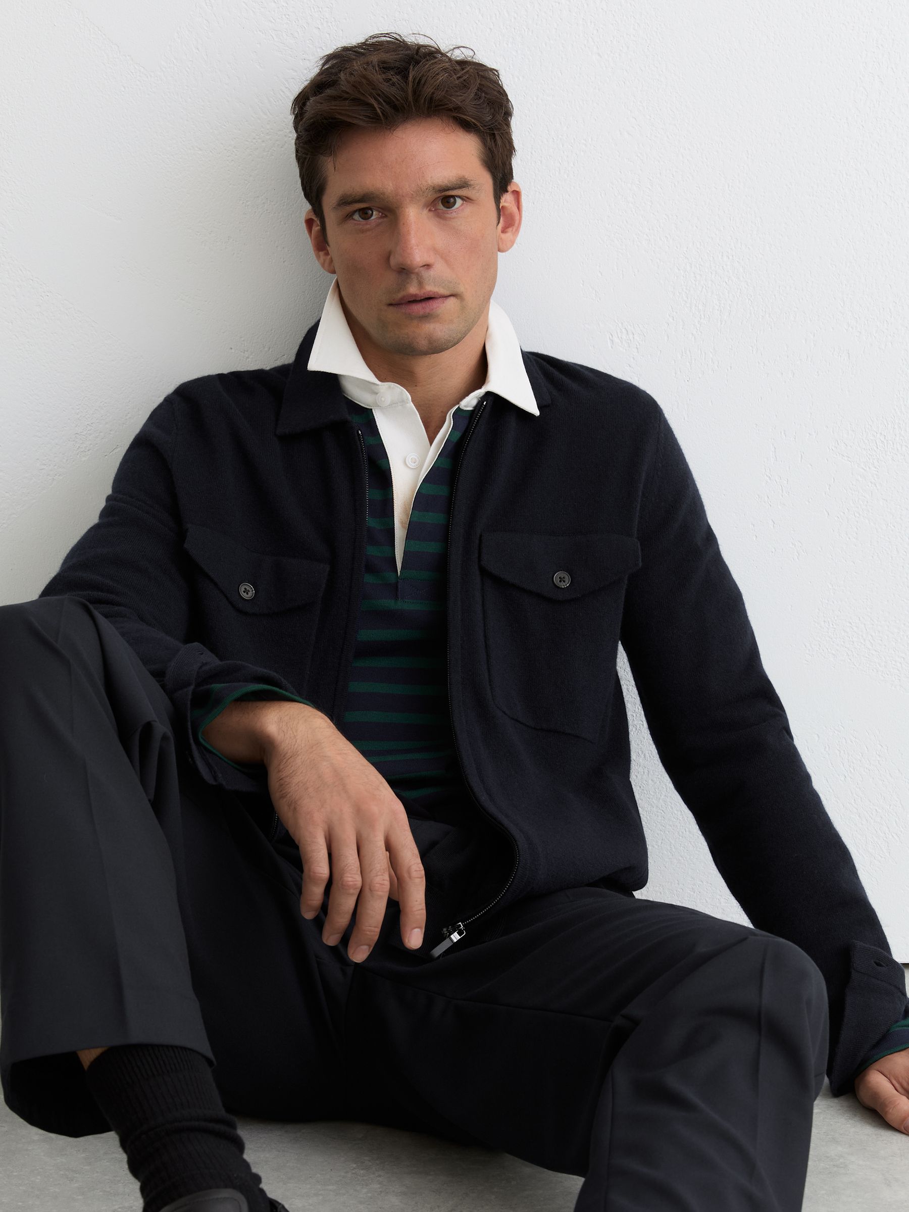 Wool Knitted Zip-Through Overshirt in Navy - Image 3 of 7