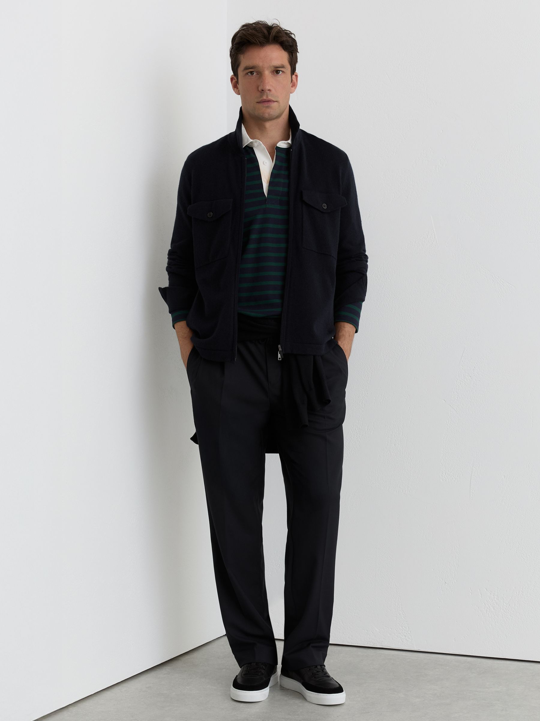 Wool Knitted Zip-Through Overshirt in Navy - Image 4 of 7