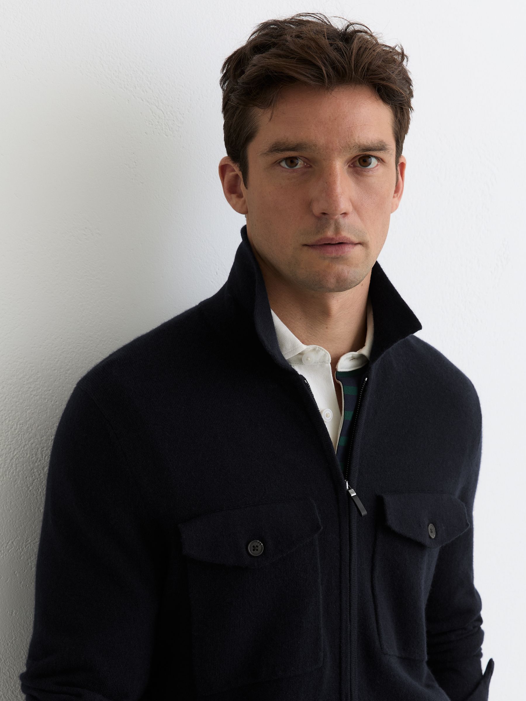 Wool Knitted Zip-Through Overshirt in Navy - Image 5 of 7