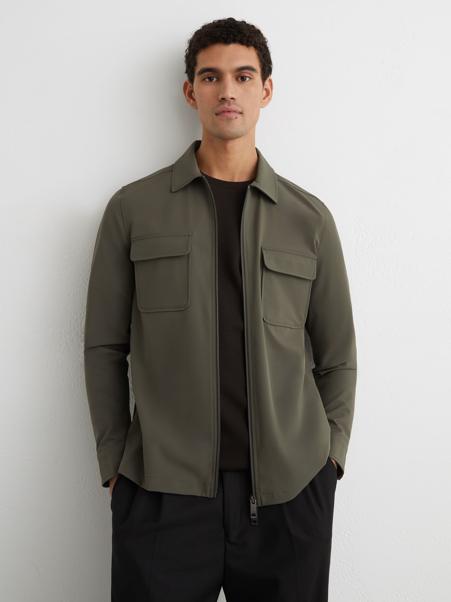 Technical Zip-Through Overshirt in Green - Image 1 of 6