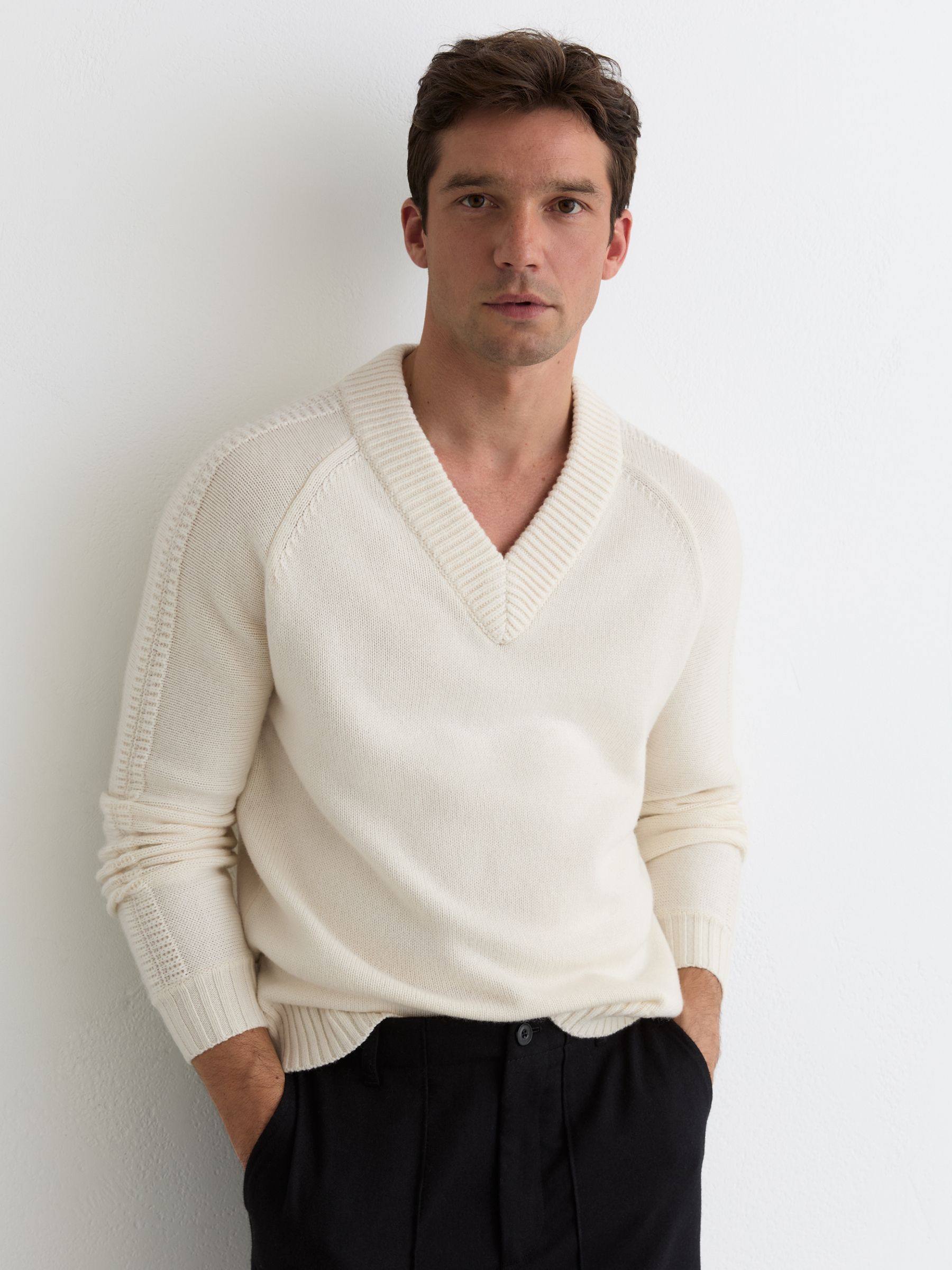 Wool-Blend Rib-Detail V-Neck Jumper in White - Image 1 of 5