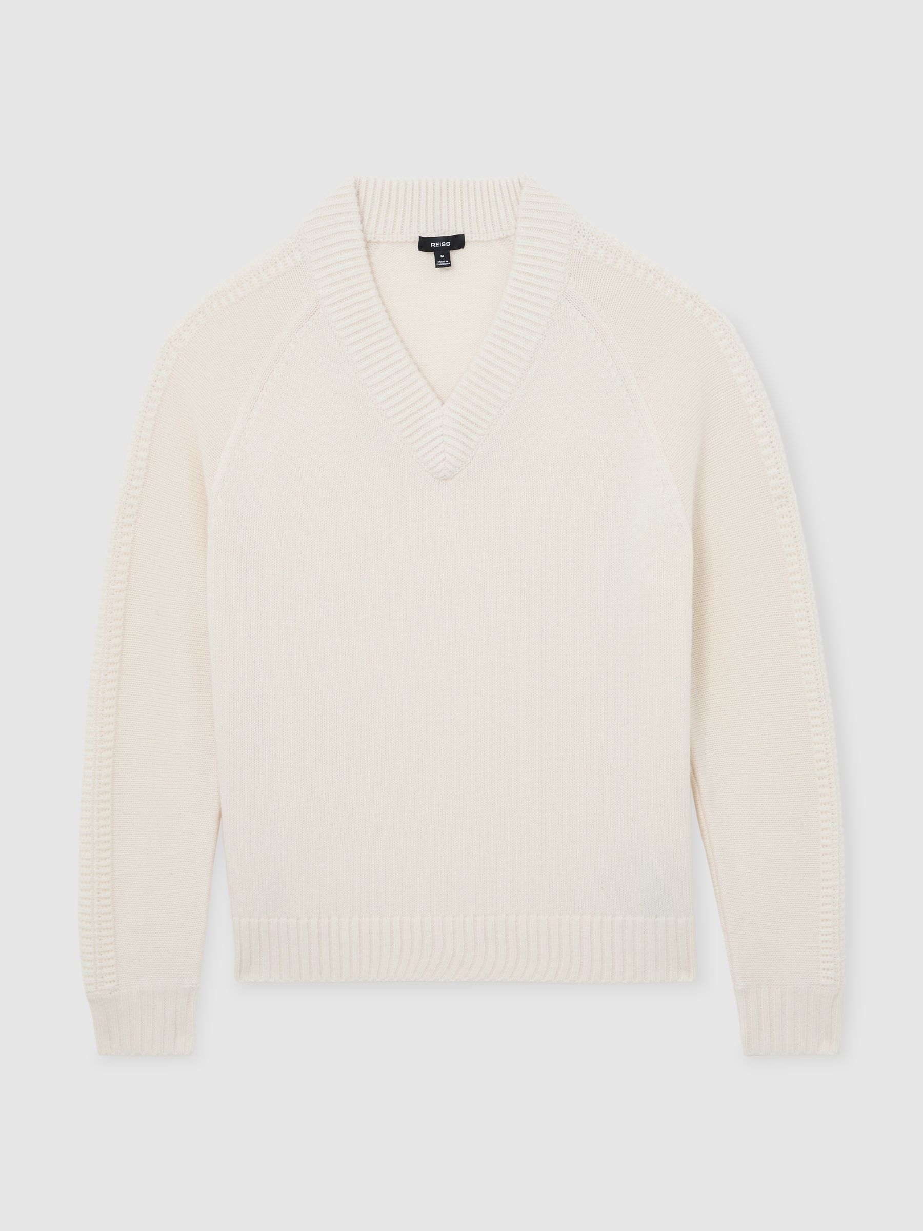 Wool-Blend Rib-Detail V-Neck Jumper in White - Image 2 of 5