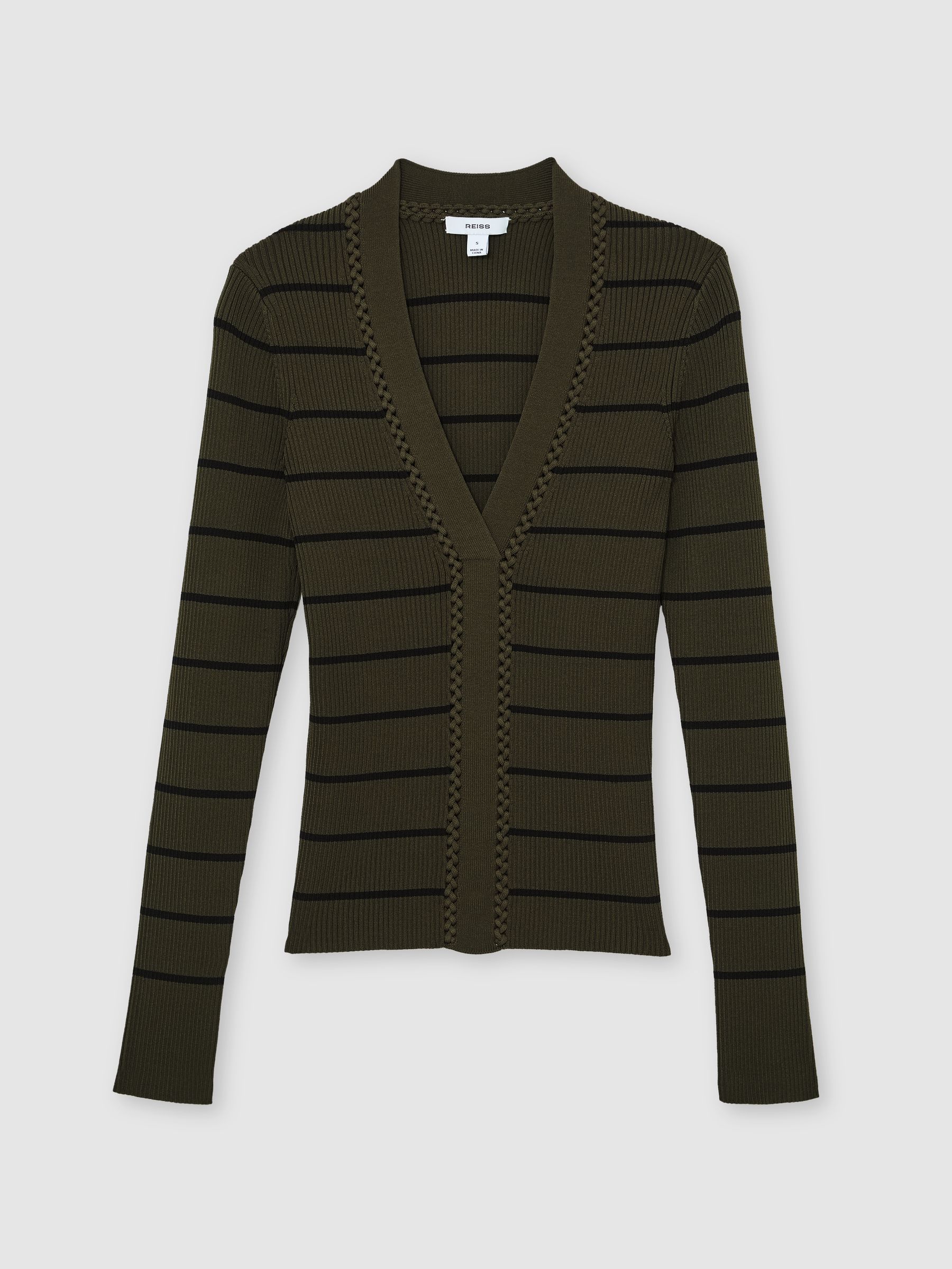Stripe Craft-Stitch Rib-Knit Top in Khaki Green/Black