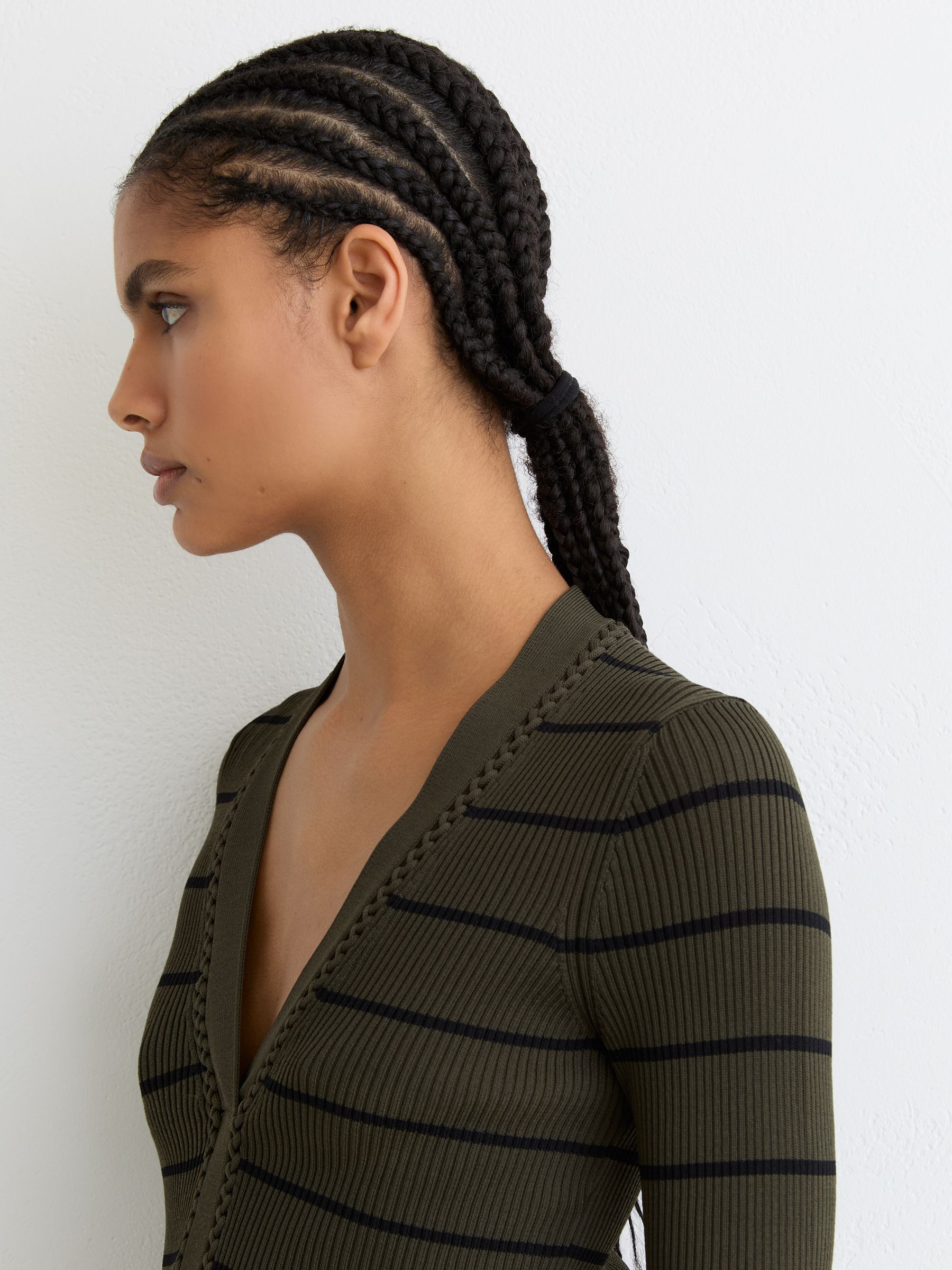 Stripe Craft-Stitch Rib-Knit Top in Khaki Green/Black - image 5