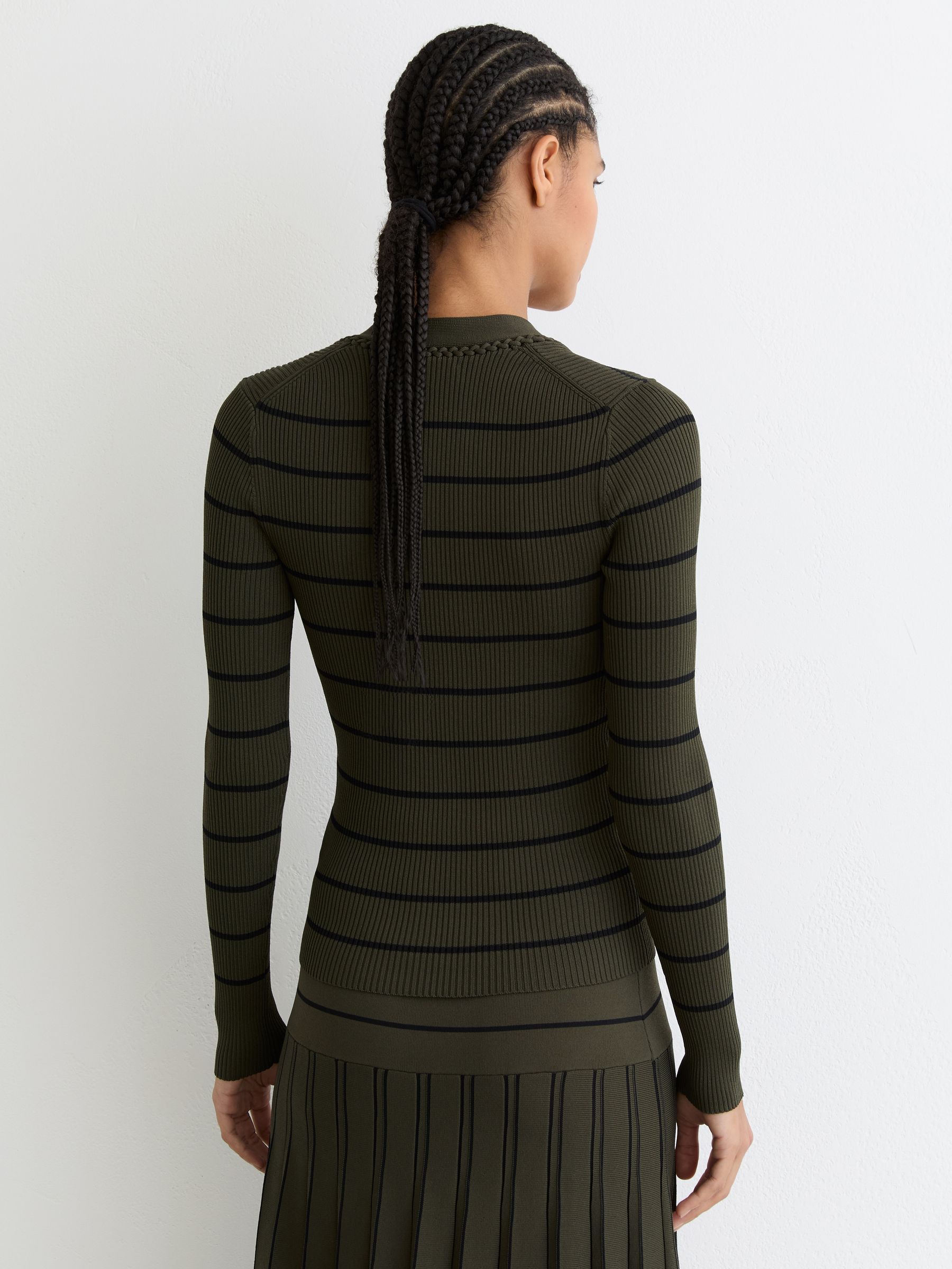 Stripe Craft-Stitch Rib-Knit Top in Khaki Green/Black - image 4