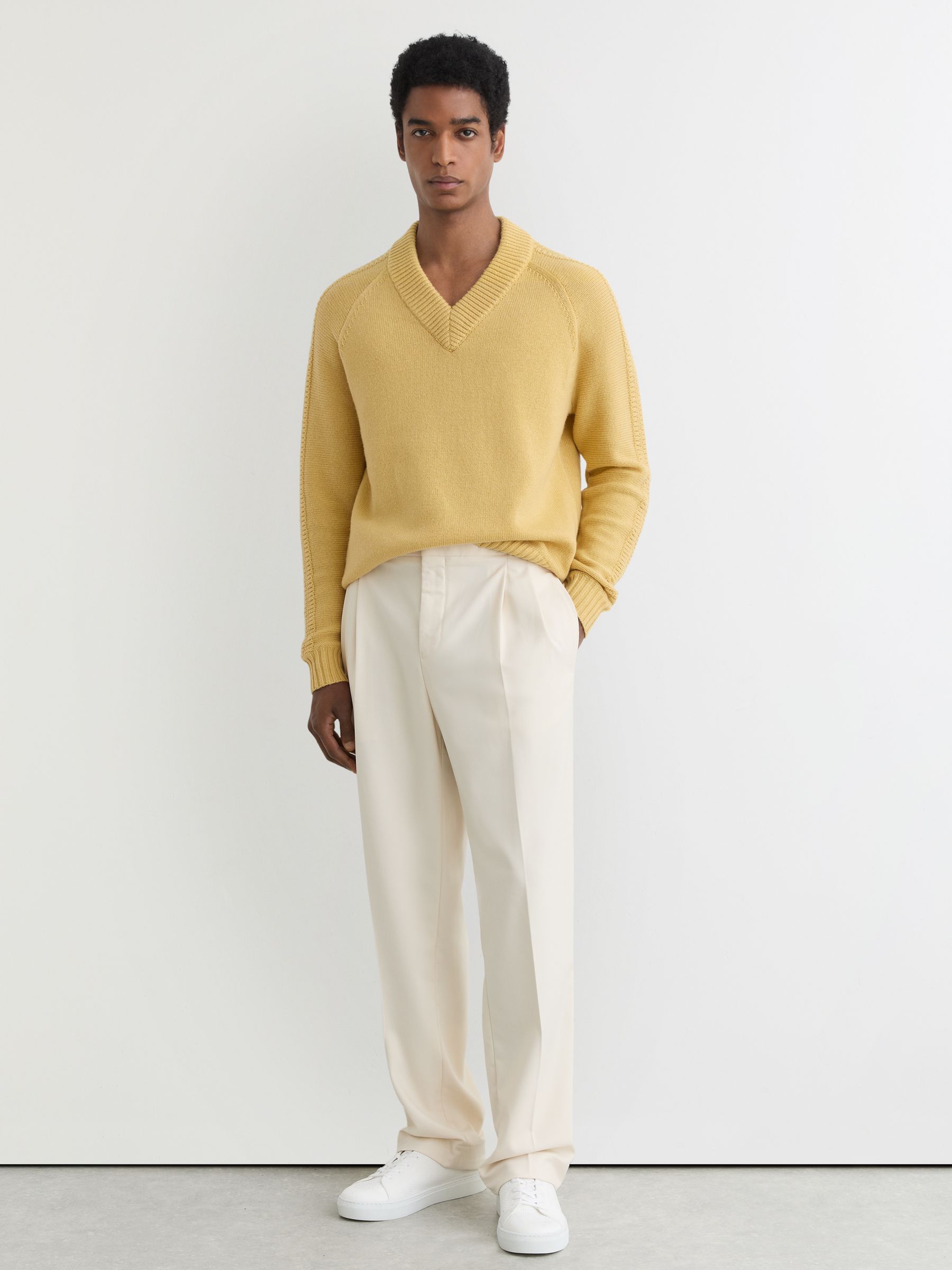 Wool-Blend Rib-Detail V-Neck Jumper in Buttercup Yellow - Image 6 of 9