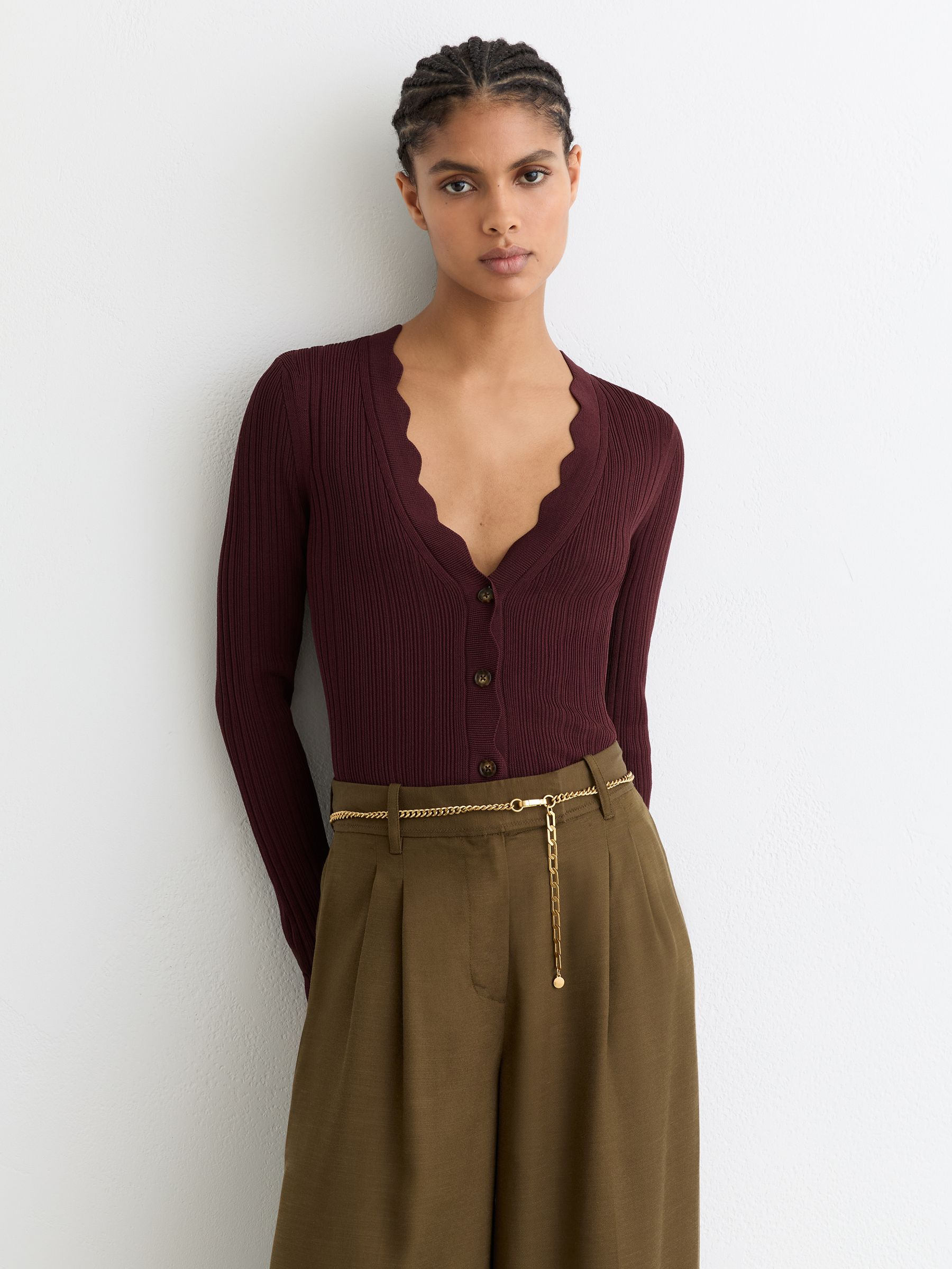 Rib-Knit Scallop-Trim Cardigan in Burgundy - Image 1 of 6 Rib-Knit Scallop-Trim Cardigan in Burgundy - Image 1 of 6