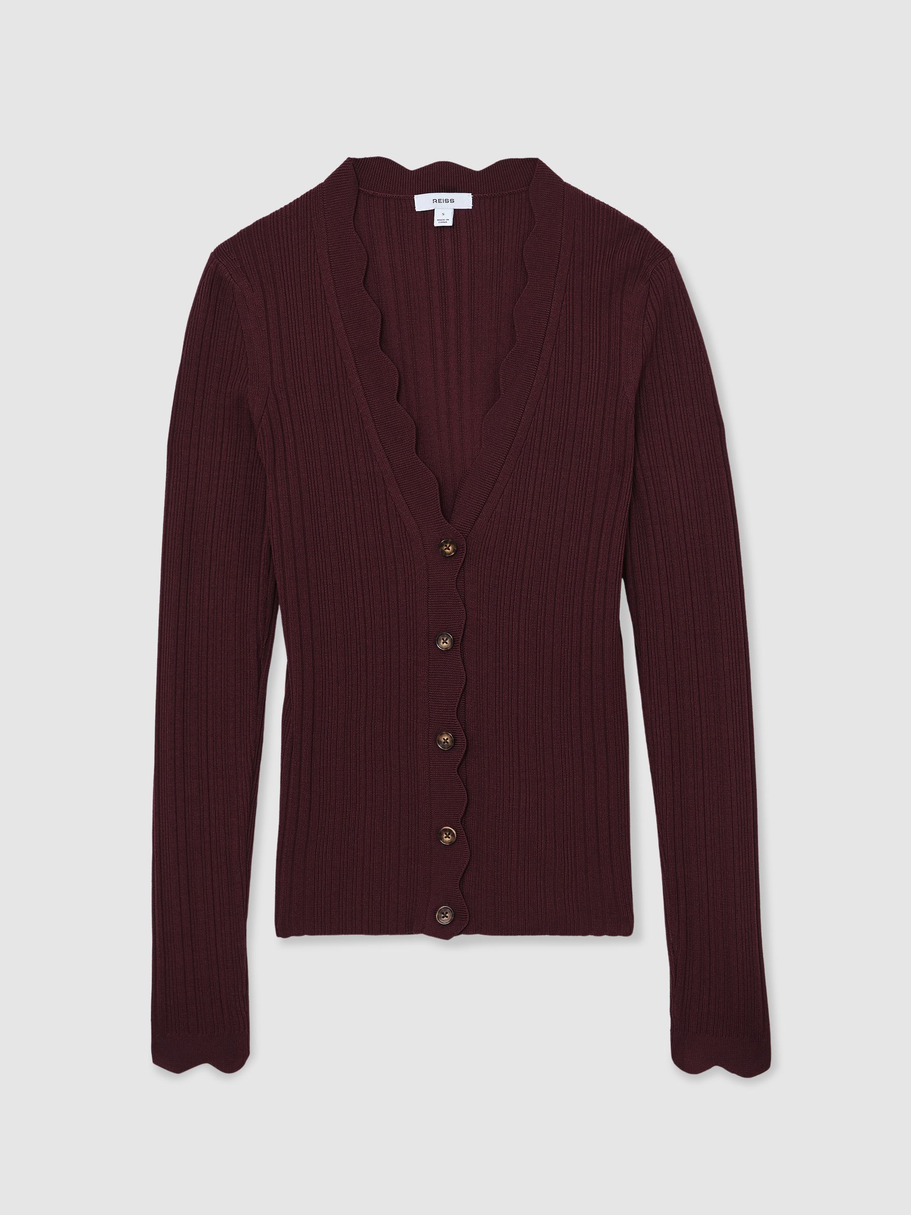 Rib-Knit Scallop-Trim Cardigan in Burgundy - Image 2 of 6 Rib-Knit Scallop-Trim Cardigan in Burgundy - Image 2 of 6
