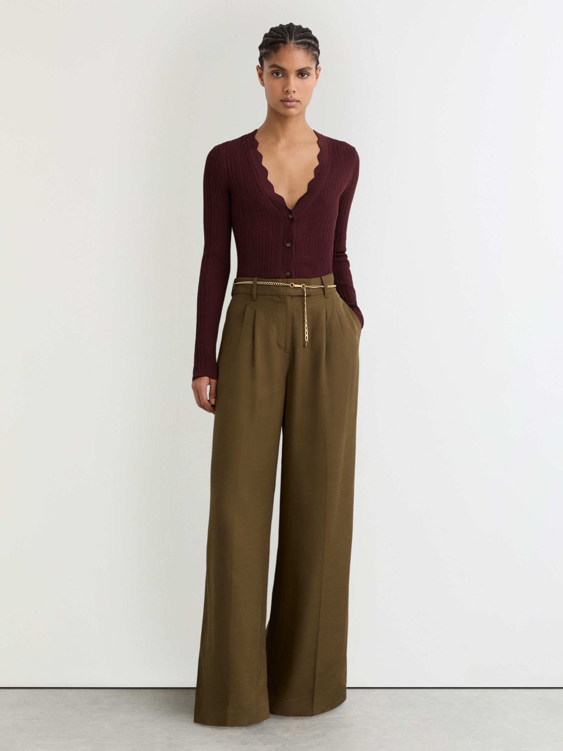 Rib-Knit Scallop-Trim Cardigan in Burgundy - Image 3 of 6