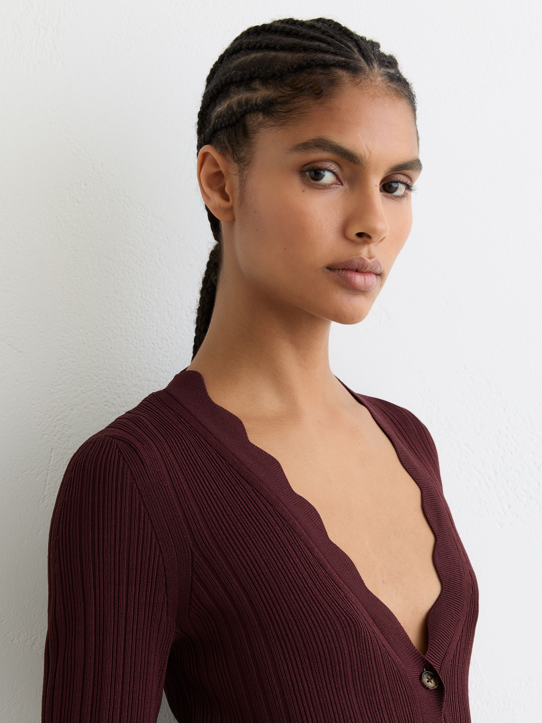 Rib-Knit Scallop-Trim Cardigan in Burgundy - Image 4 of 6