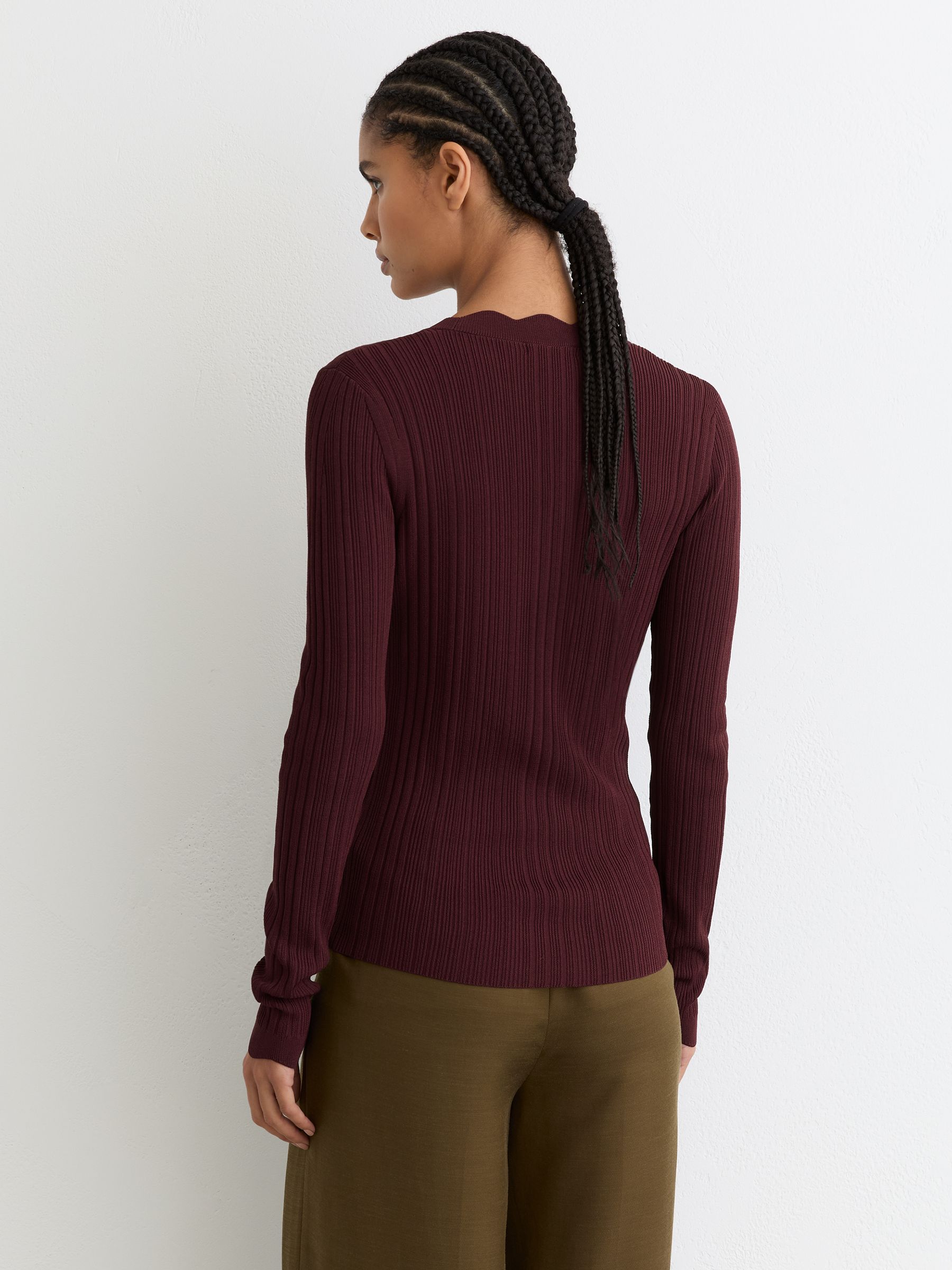 Rib-Knit Scallop-Trim Cardigan in Burgundy - Image 5 of 6