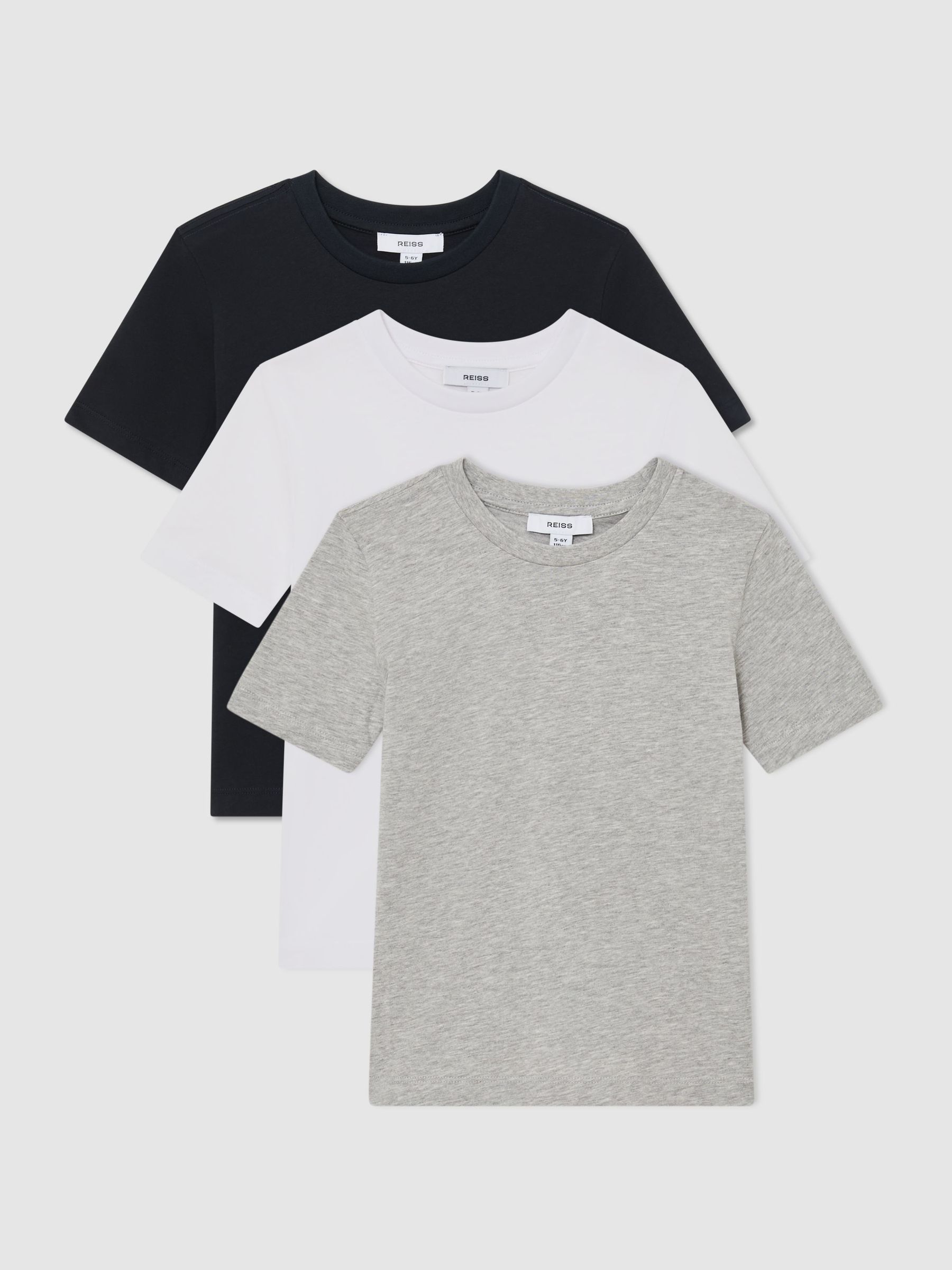 3 Pack Cotton Crew-Neck T-Shirts in White/Navy/Grey - Image 1 of 3