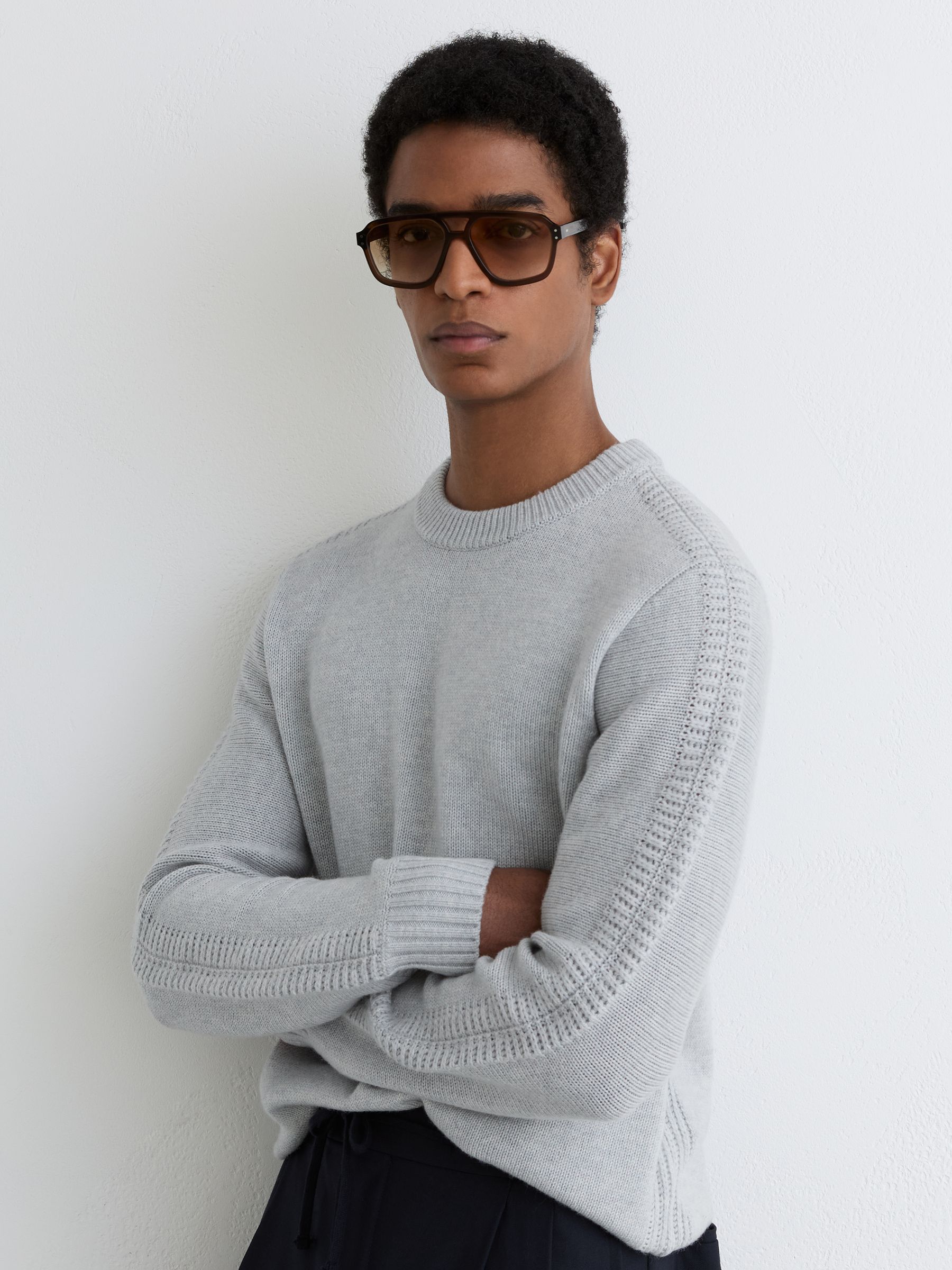 Wool-Blend Rib-Detail Crew-Neck Jumper in Soft Grey - Image 1 of 6