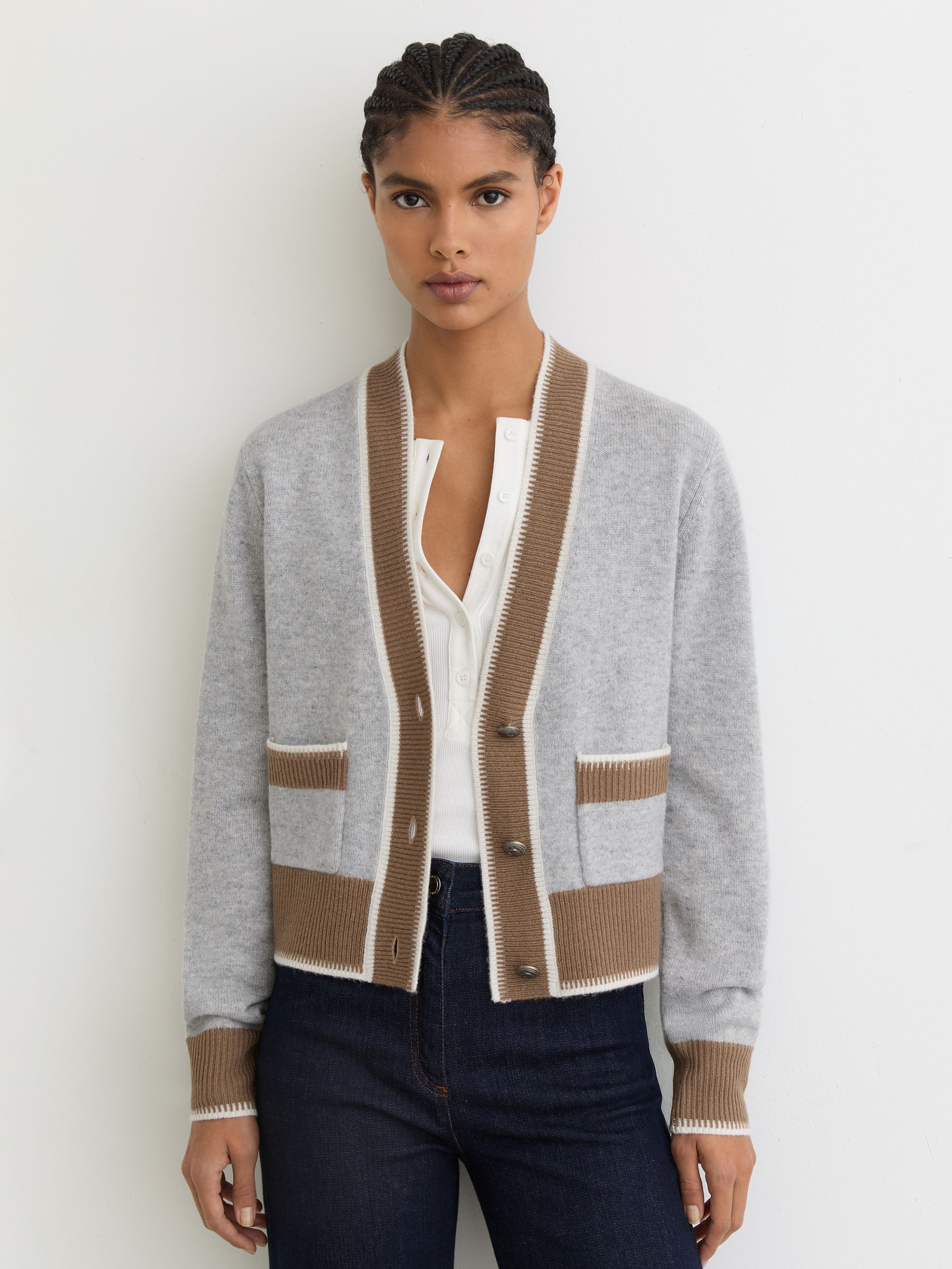 Wool-Cashmere Tipped Cardigan in Grey/Neutral - image 2
