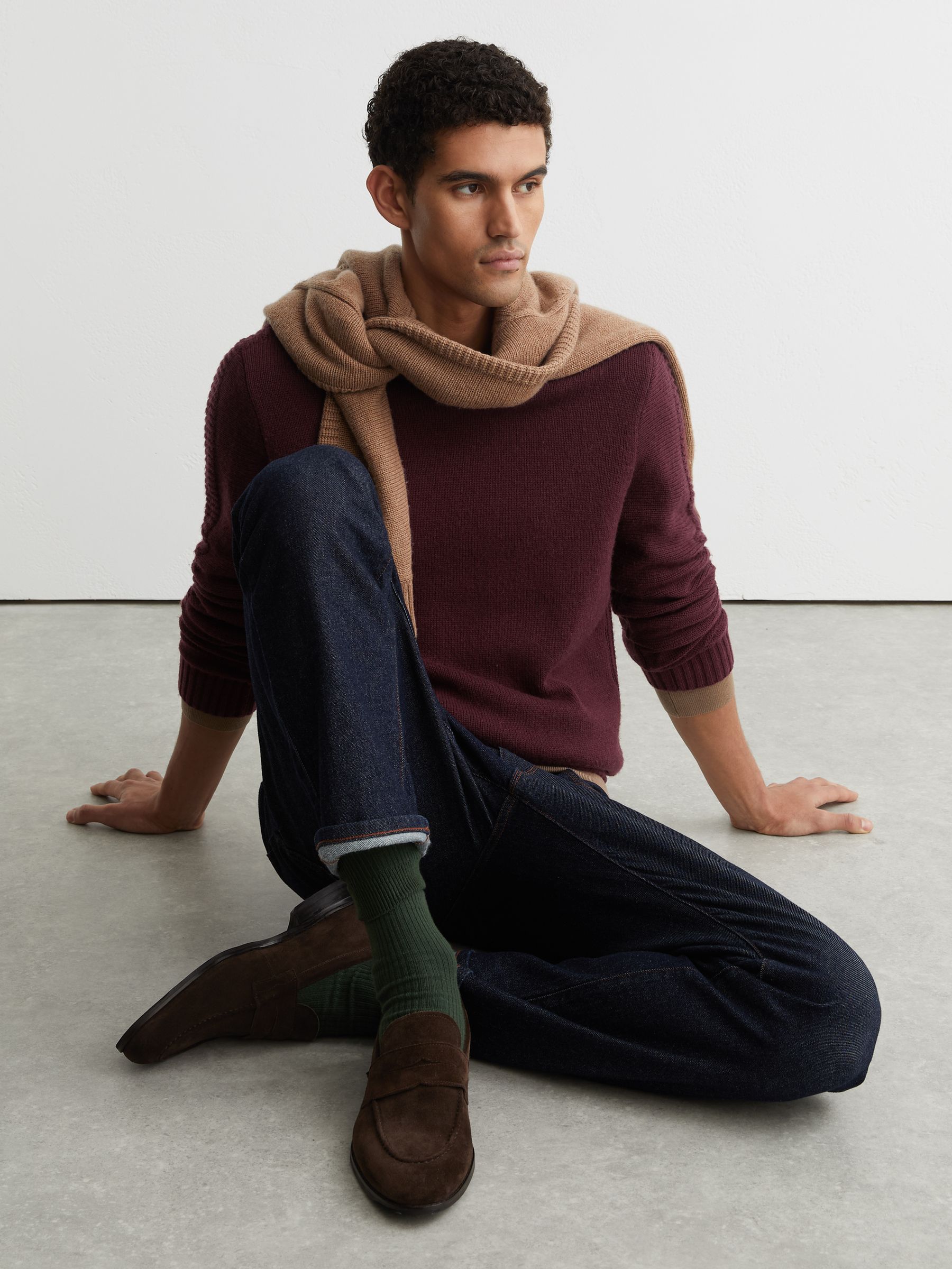 Wool-Blend Rib-Detail Crew-Neck Jumper in Grape - Image 4 of 6