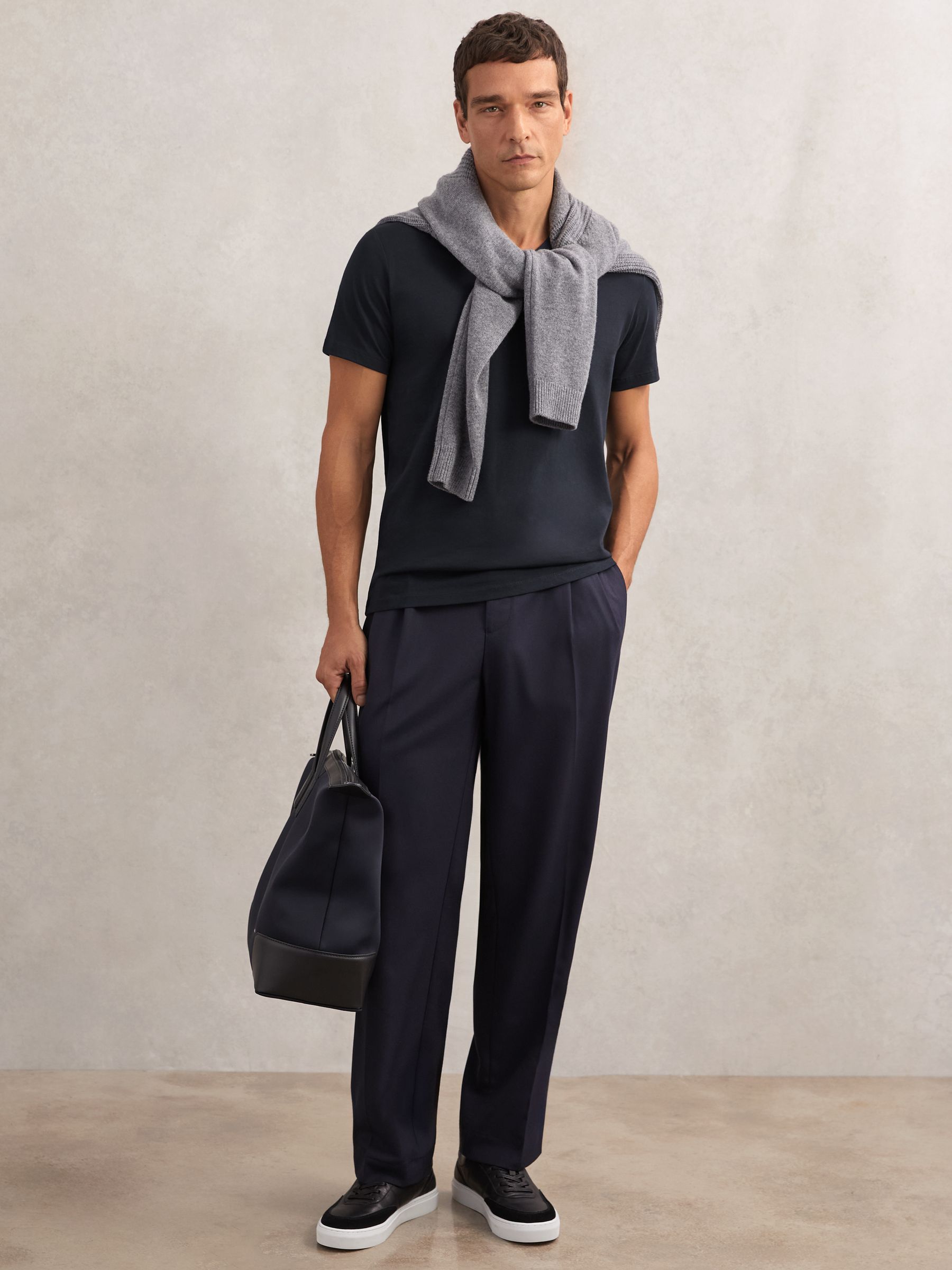 Cotton V-Neck T-Shirt in Navy Blue - Image 1 of 6