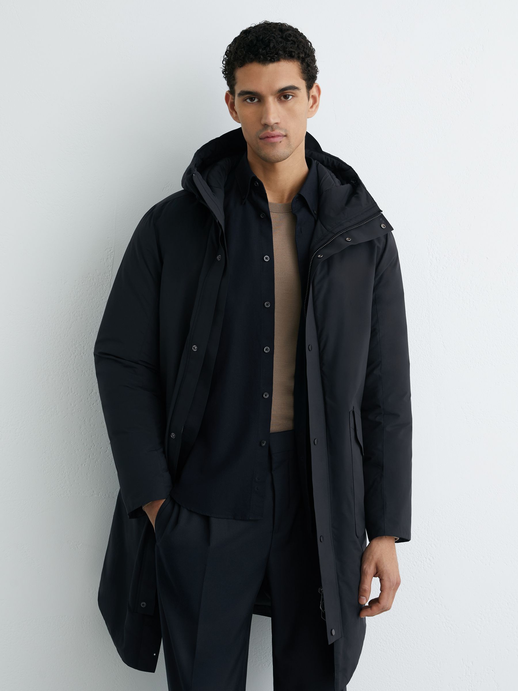 Quilted Hooded Mid-Length Puffer Coat in Navy - Image 1 of 7
