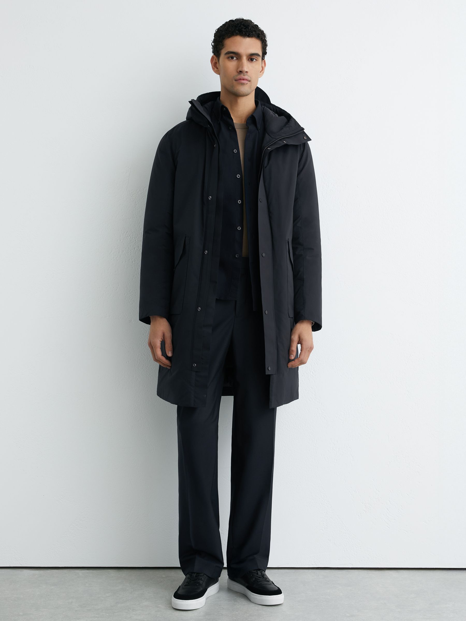 Quilted Hooded Mid-Length Puffer Coat in Navy - Image 3 of 7