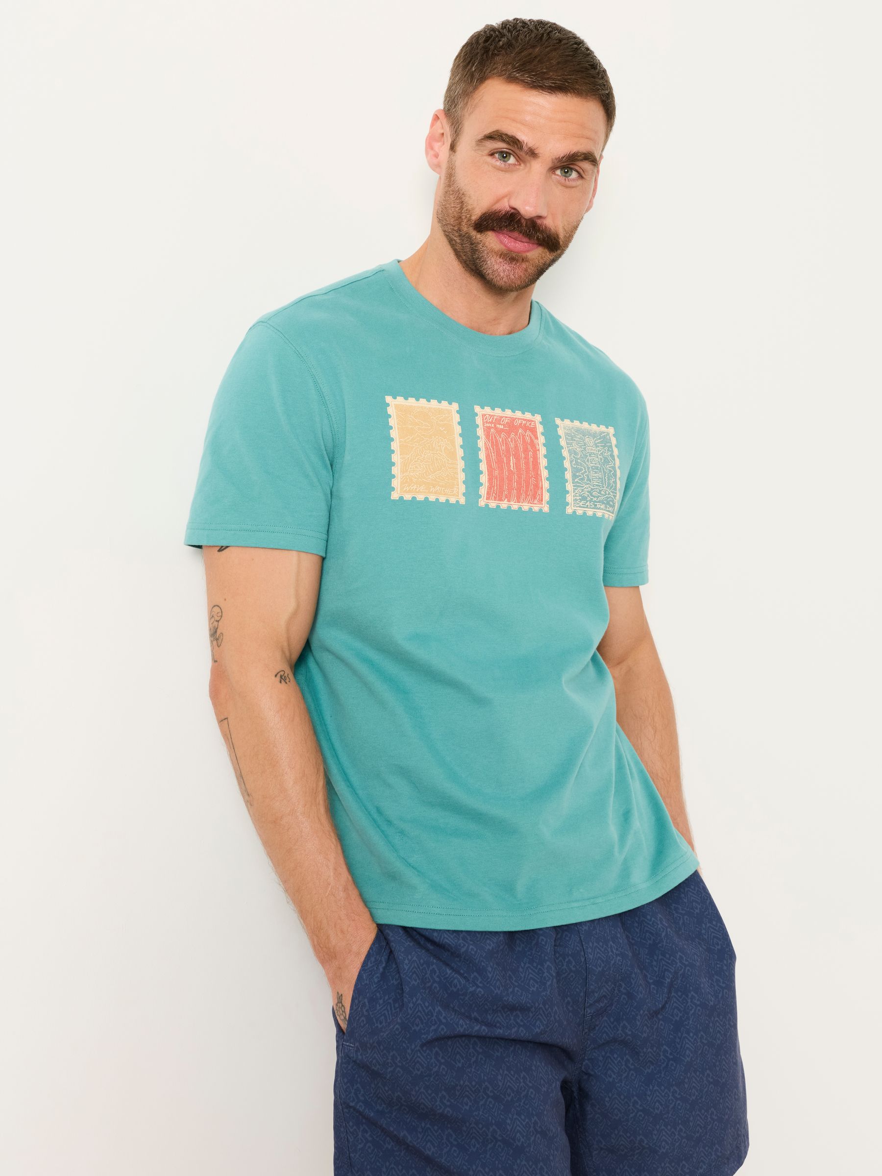 Teal Blue Landscape Stamp Graphic T-Shirt - Image 1 of 5