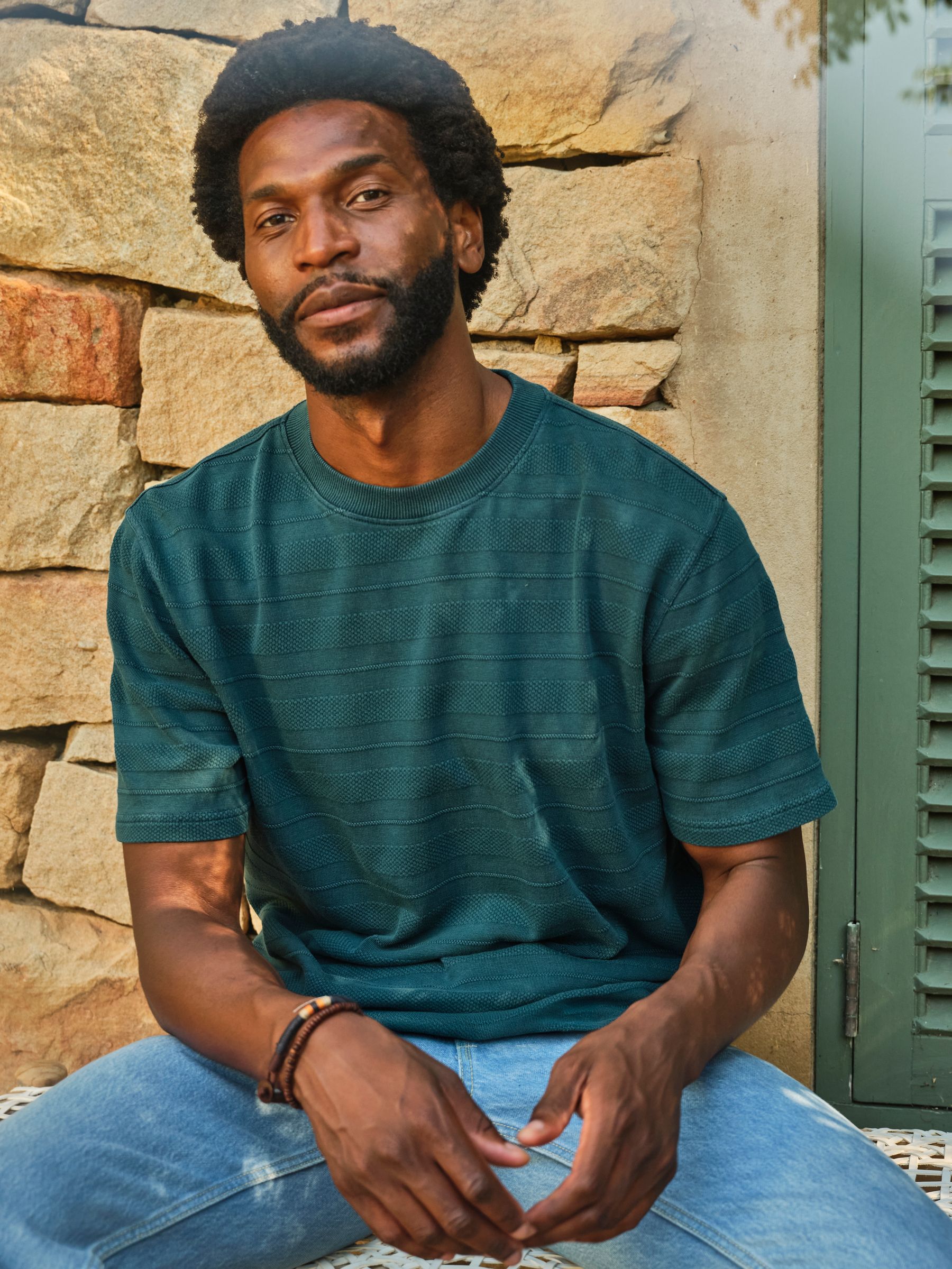 Bexley Relaxed Fit Dark Teal Blue Textured Stripe Tshirt | FatFace USA