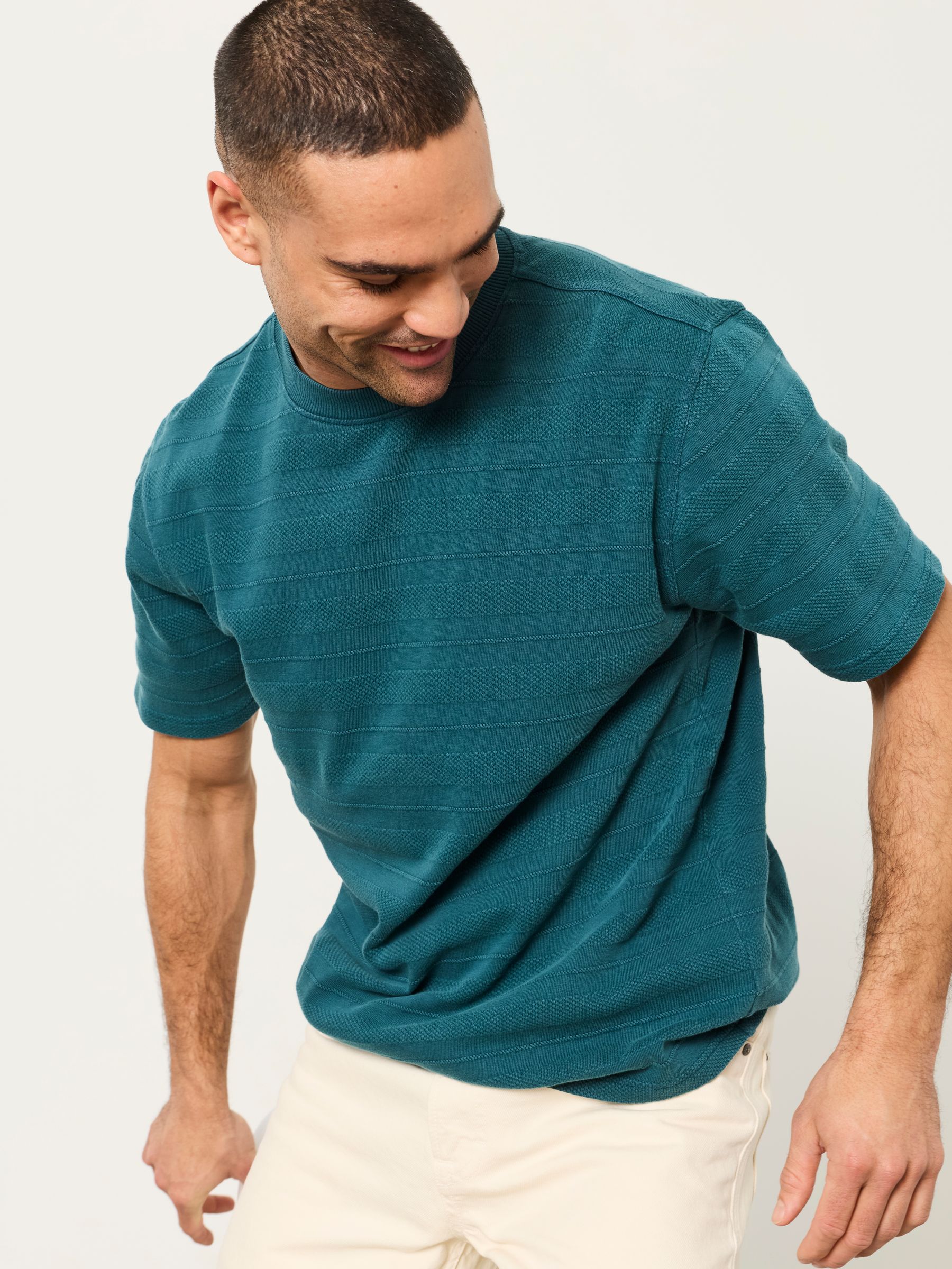 Bexley Dark Teal Blue Textured Stripe Tshirt - Image 6 of 7