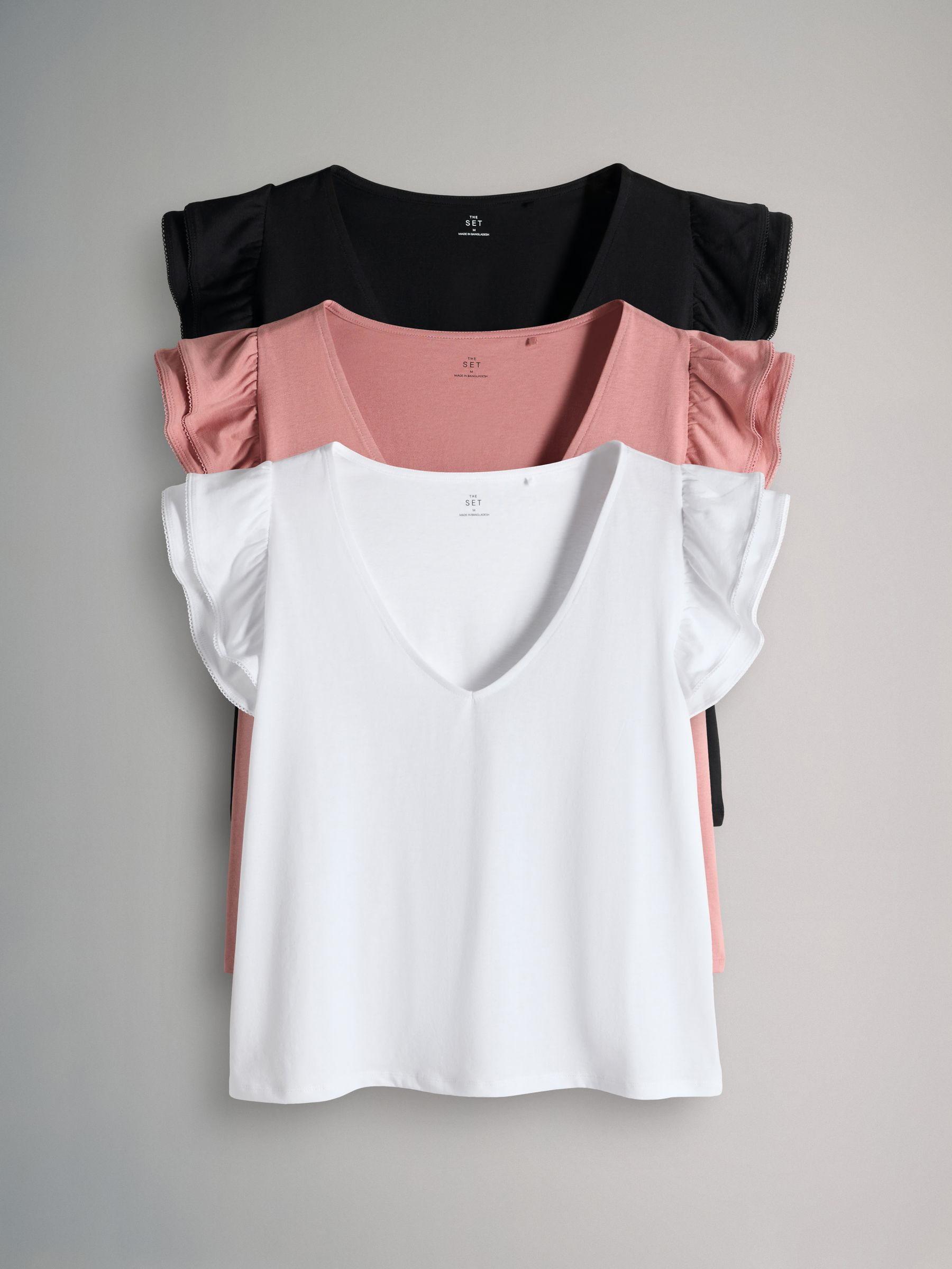 3 Pack V-Neck Frill Sleeve T-Shirt Black/Pink/White - Image 1 of 6