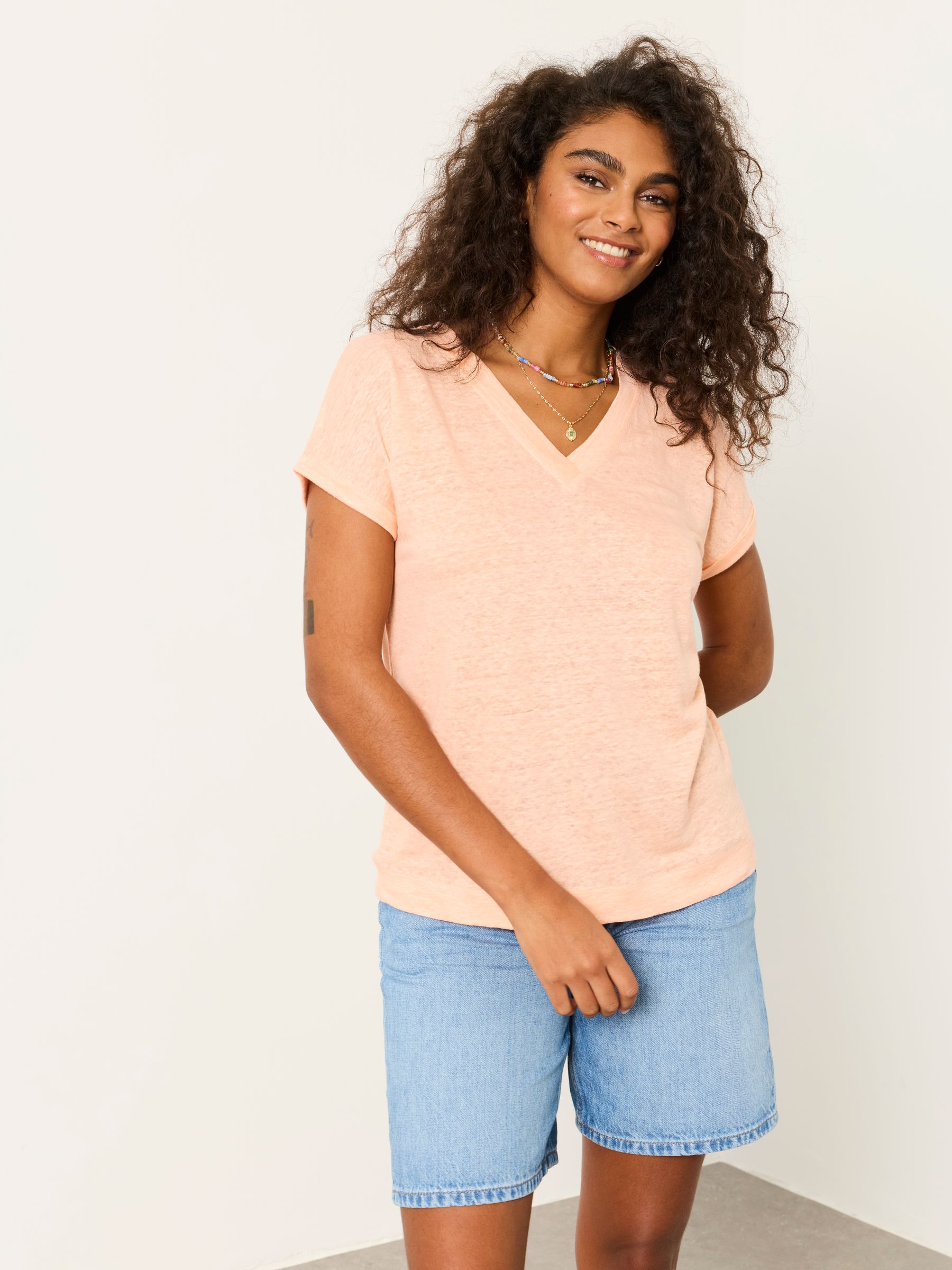 Lauren Coral Pink Linen V Neck T Shirt - Image 1 of 6