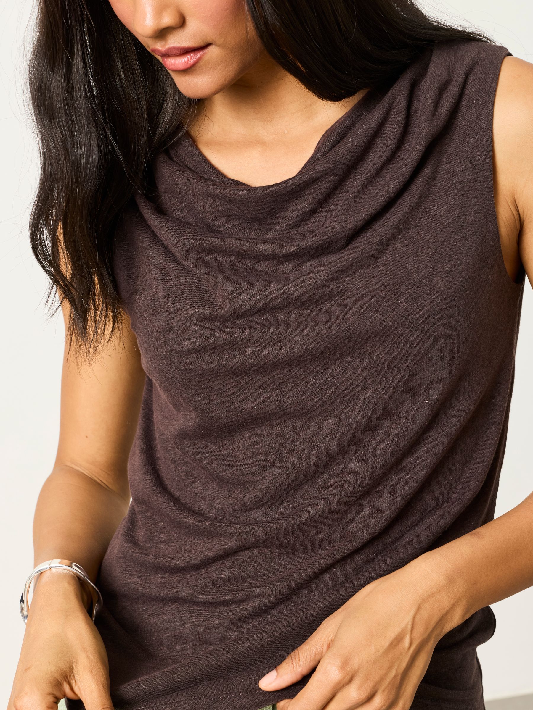 Lola Chocolate Brown Linen Cowl Neck Tank - Image 3 of 5