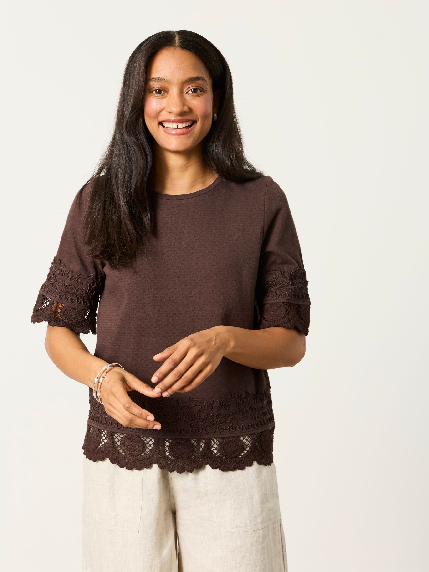 Chloe Chocolate Brown Crochet Detail T-Shirt - Image 1 of 6