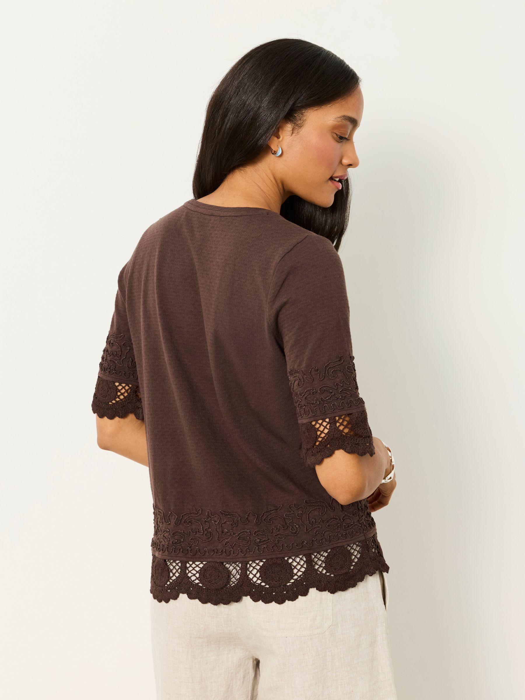Chloe Chocolate Brown Crochet Detail T-Shirt - Image 2 of 6