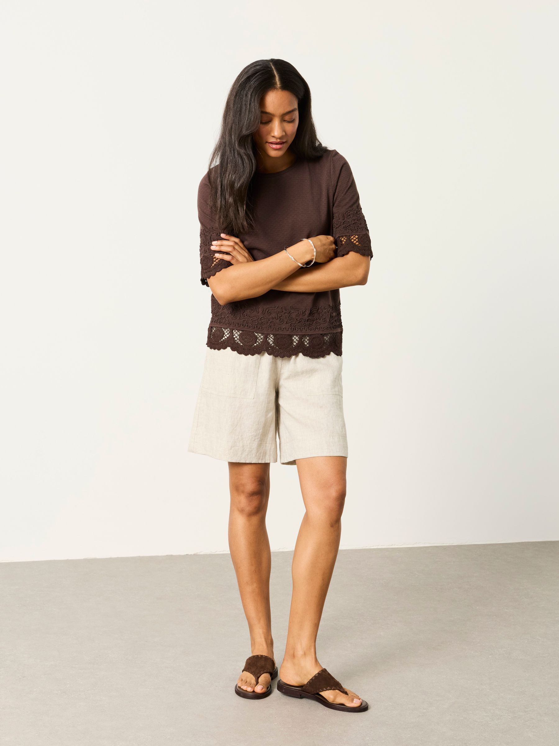 Chloe Chocolate Brown Crochet Detail T-Shirt - Image 4 of 6