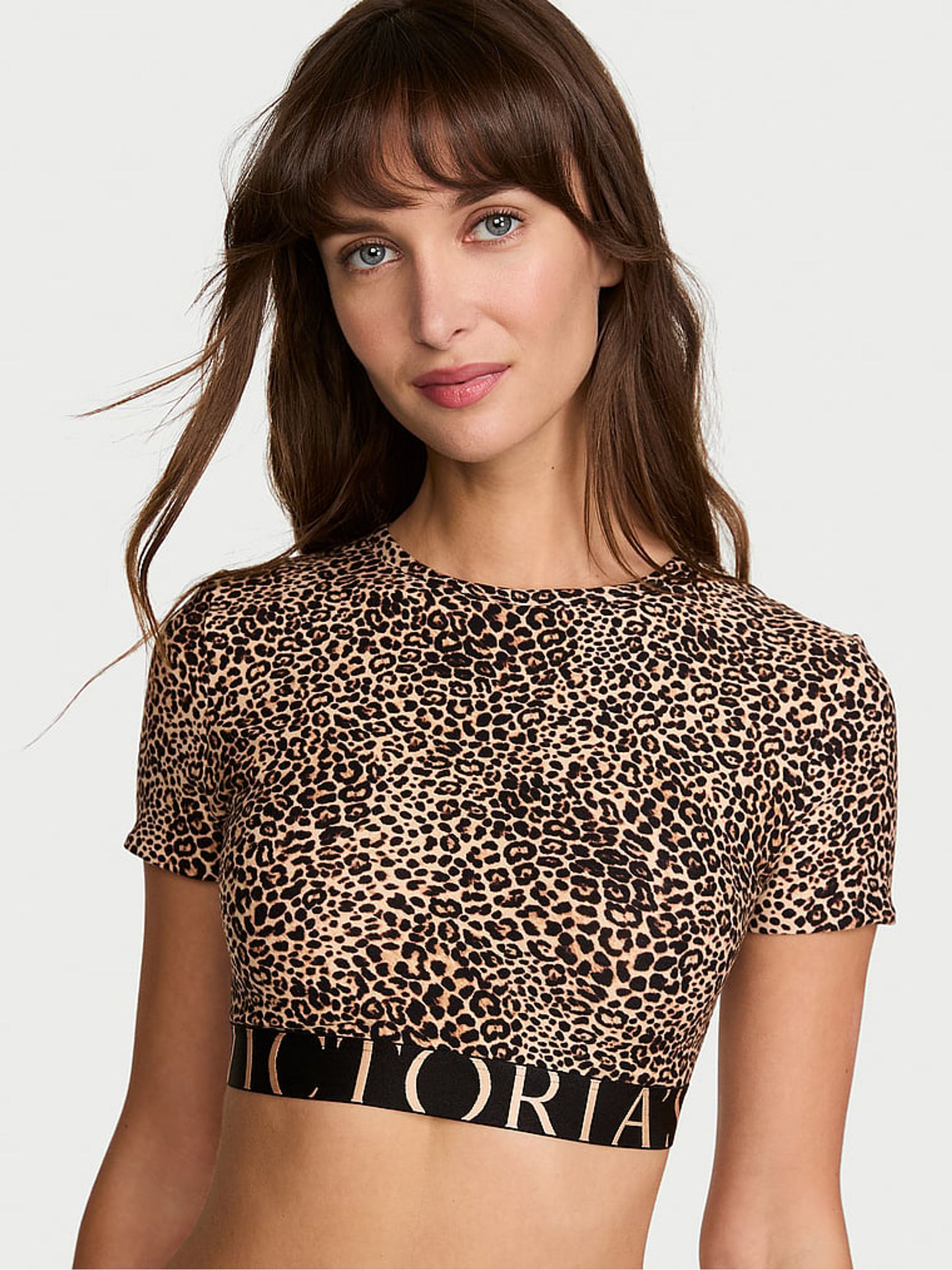 Leopard Brown Cotton Exploded Logo Short Sleeve Bralette Top - Image 1 of 2