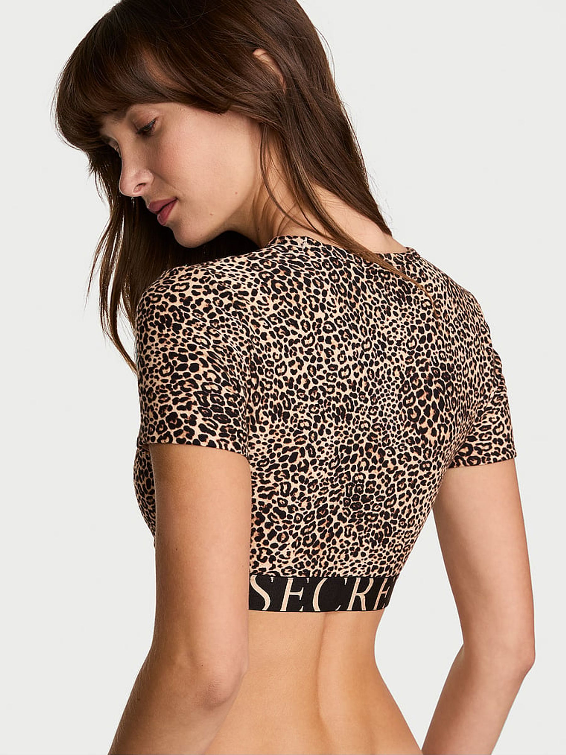 Leopard Brown Cotton Exploded Logo Short Sleeve Bralette Top - Image 2 of 2