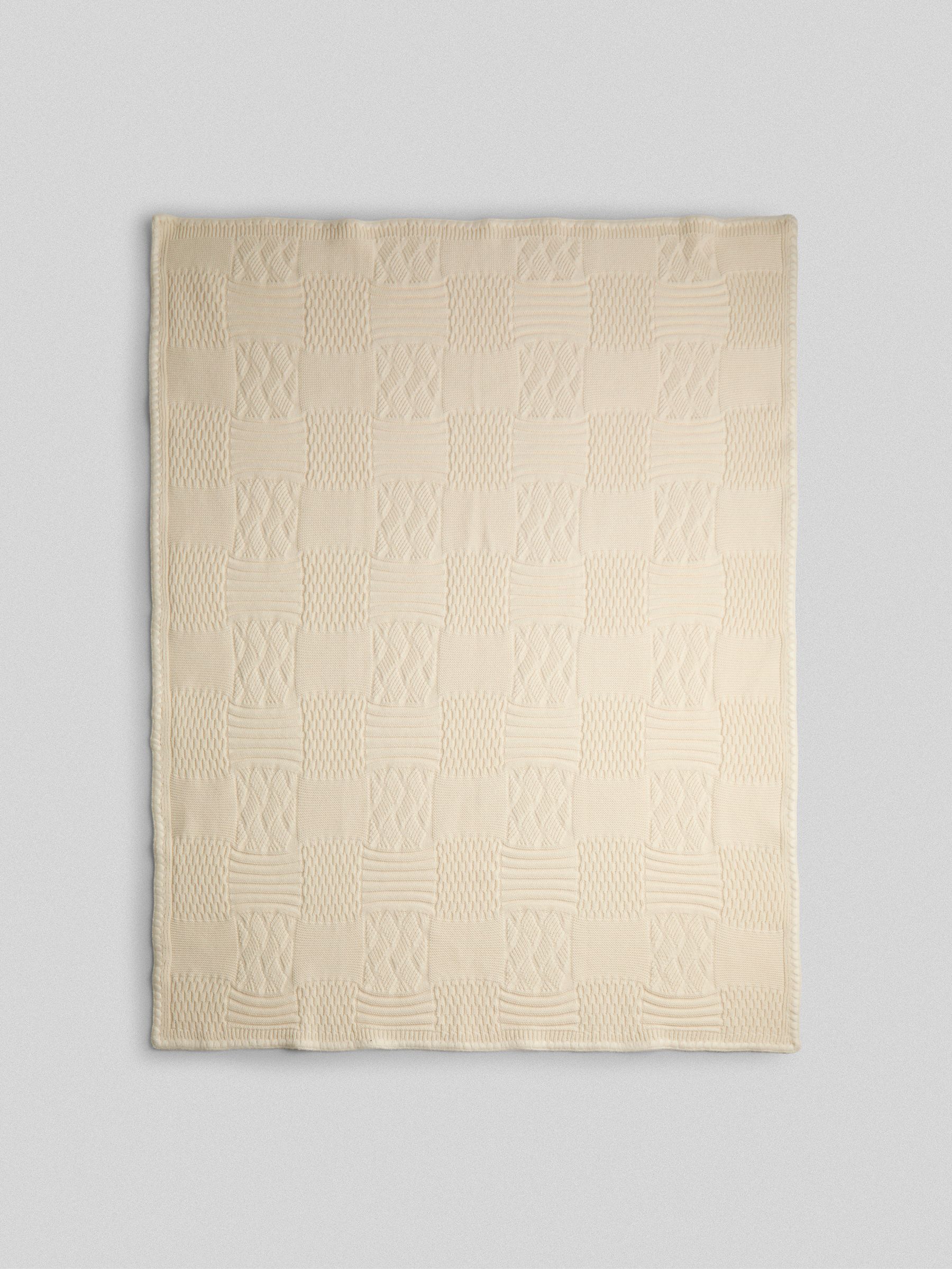 Cream Patchwork detail Knitted Blanket - Image 2 of 5 Cream Patchwork detail Knitted Blanket - Image 2 of 5