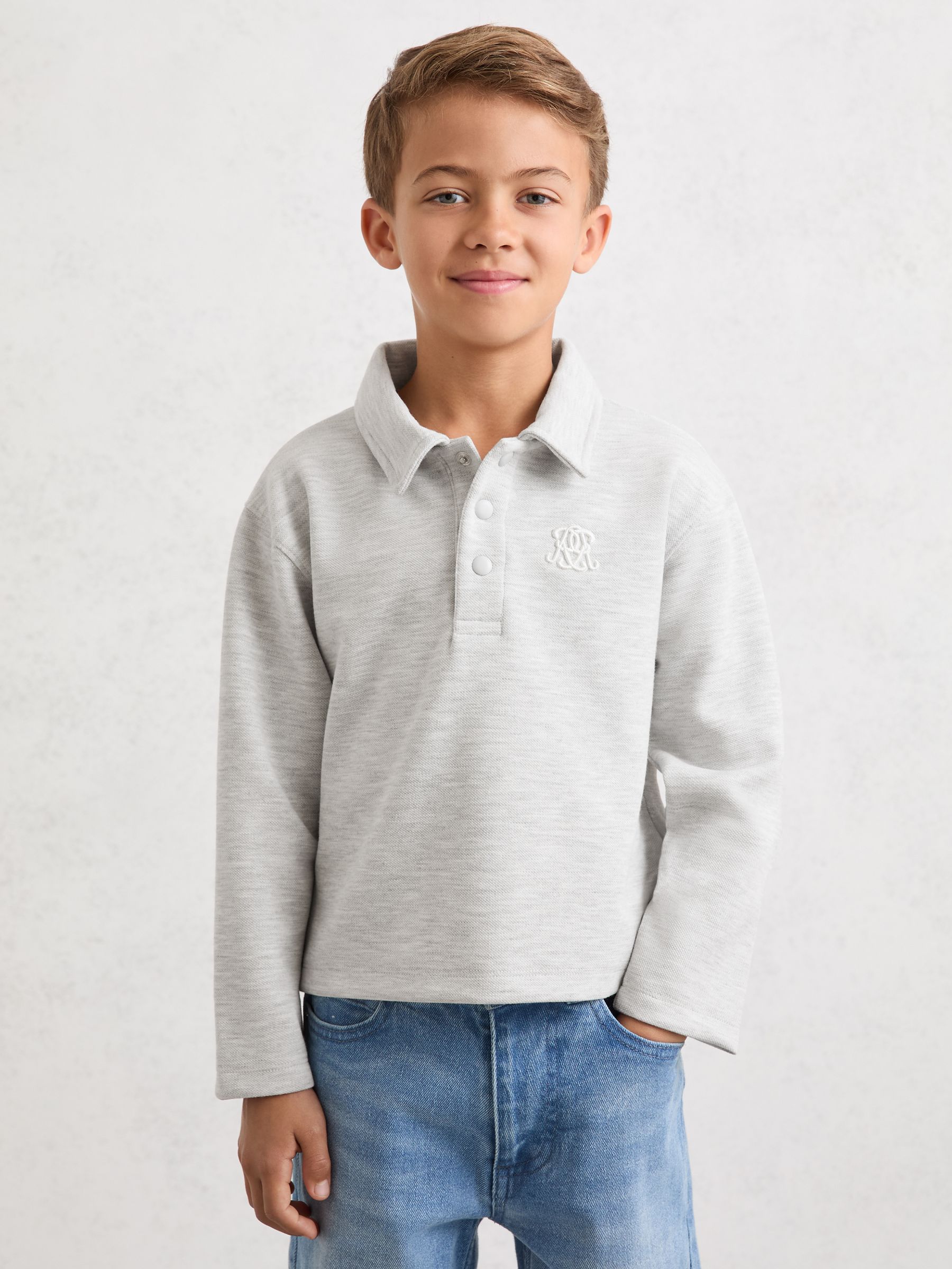 3-9 yrs Monogram Embroidered Polo Shirt in Soft Grey Melange - Image 1 of 5