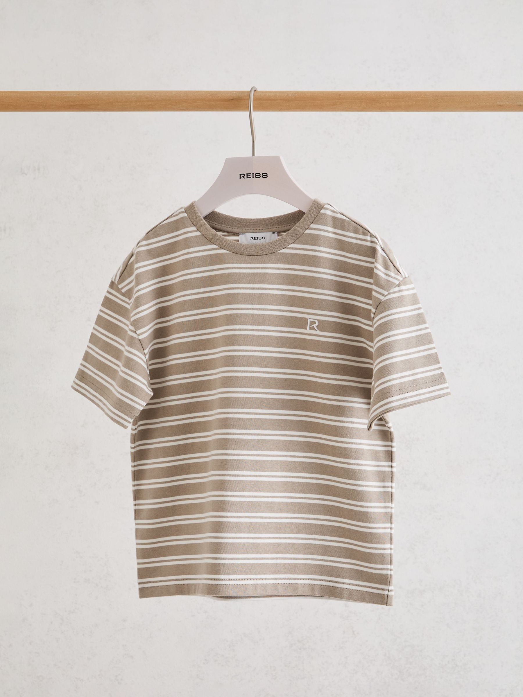 9-13 yrs Cotton Stripe Logo-Embroidered T-Shirt in Taupe/White - Image 1 of 3 9-13 yrs Cotton Stripe Logo-Embroidered T-Shirt in Taupe/White - Image 1 of 3