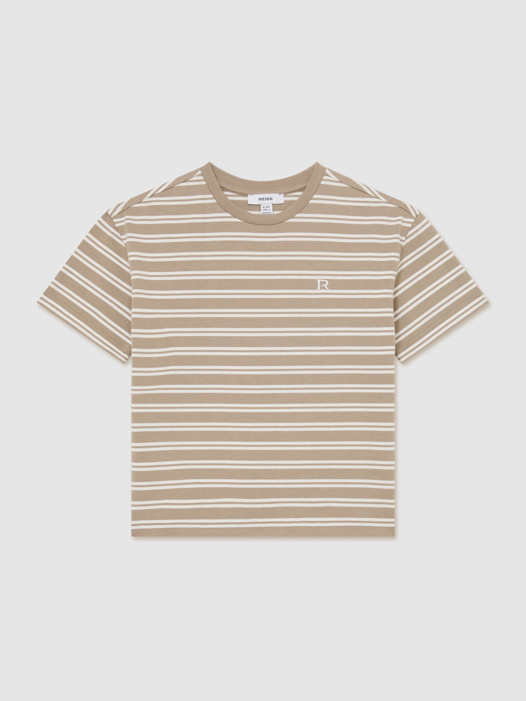 9-13 yrs Cotton Stripe Logo-Embroidered T-Shirt in Taupe/White - Image 2 of 3