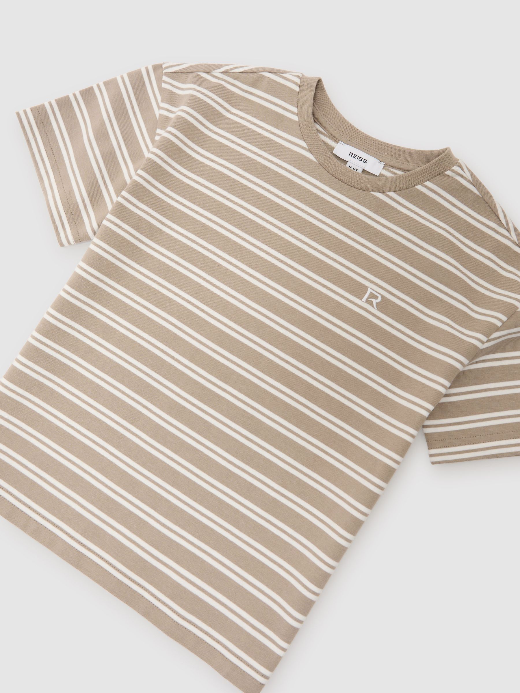 9-13 yrs Cotton Stripe Logo-Embroidered T-Shirt in Taupe/White - Image 3 of 3