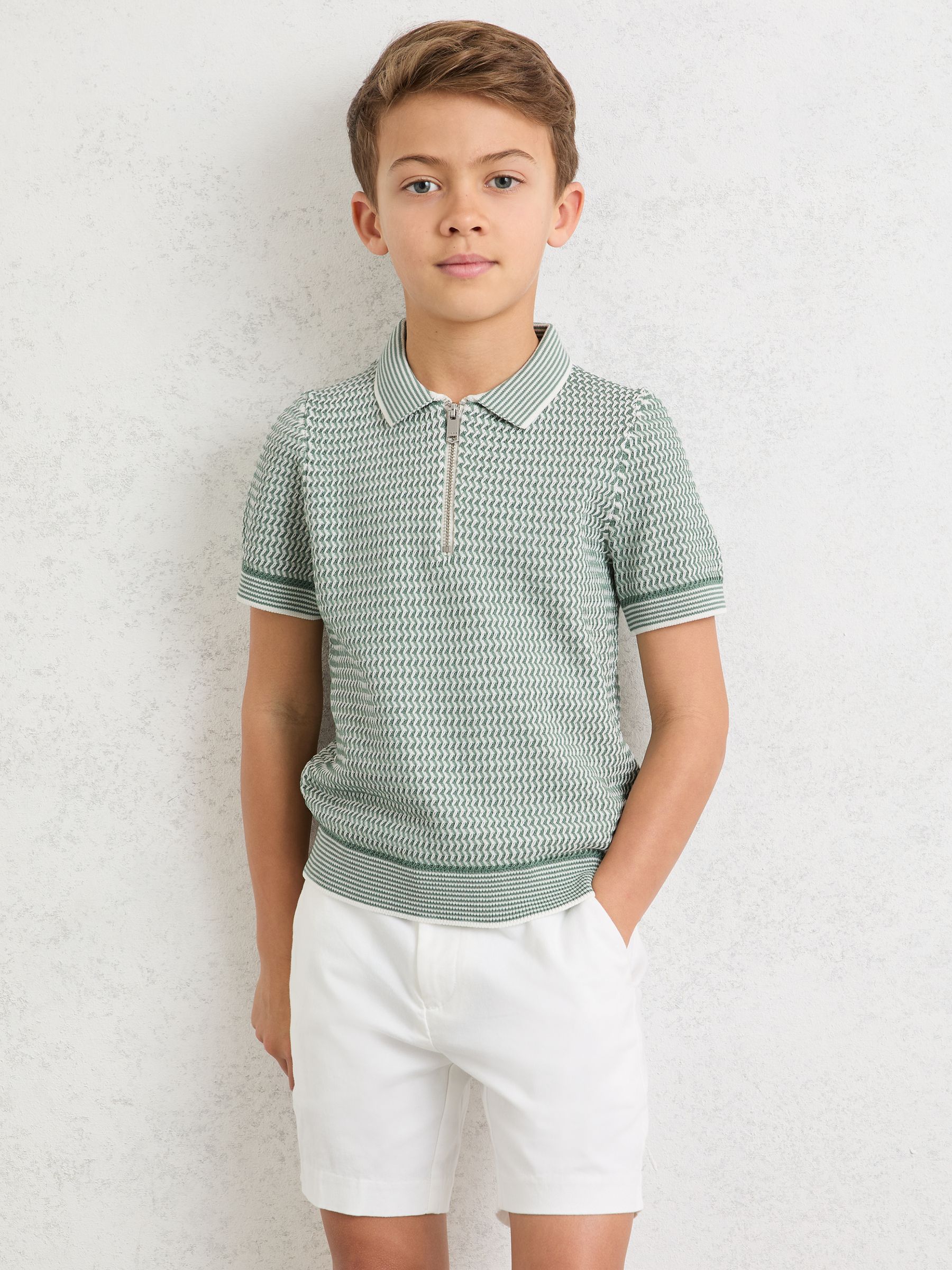 Polo en maille texturée à demi-patte zippée 9-13 ans, vert - Image 1 de 4