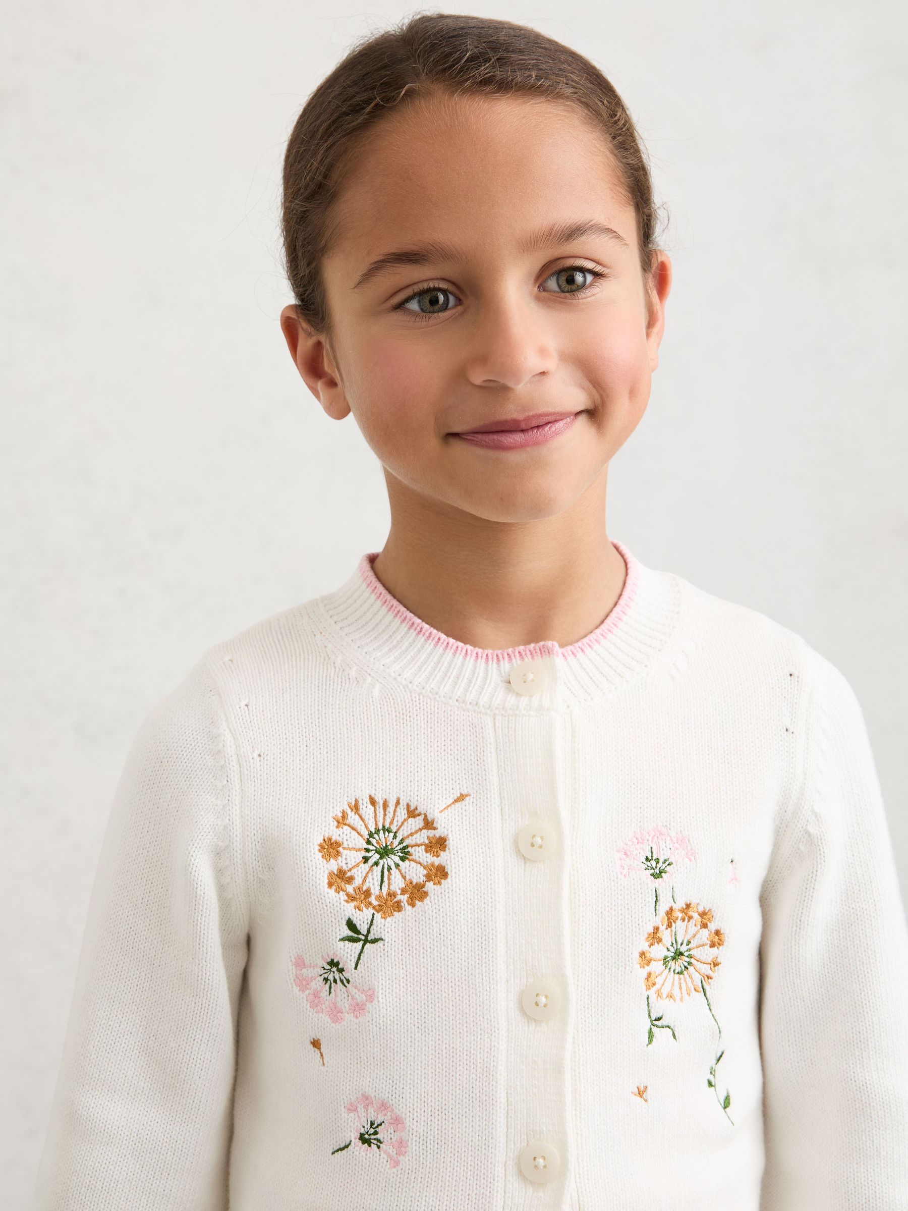 9-13 yrs Cotton Floral-Embroidered Cardigan in Ivory - Image 3 of 5