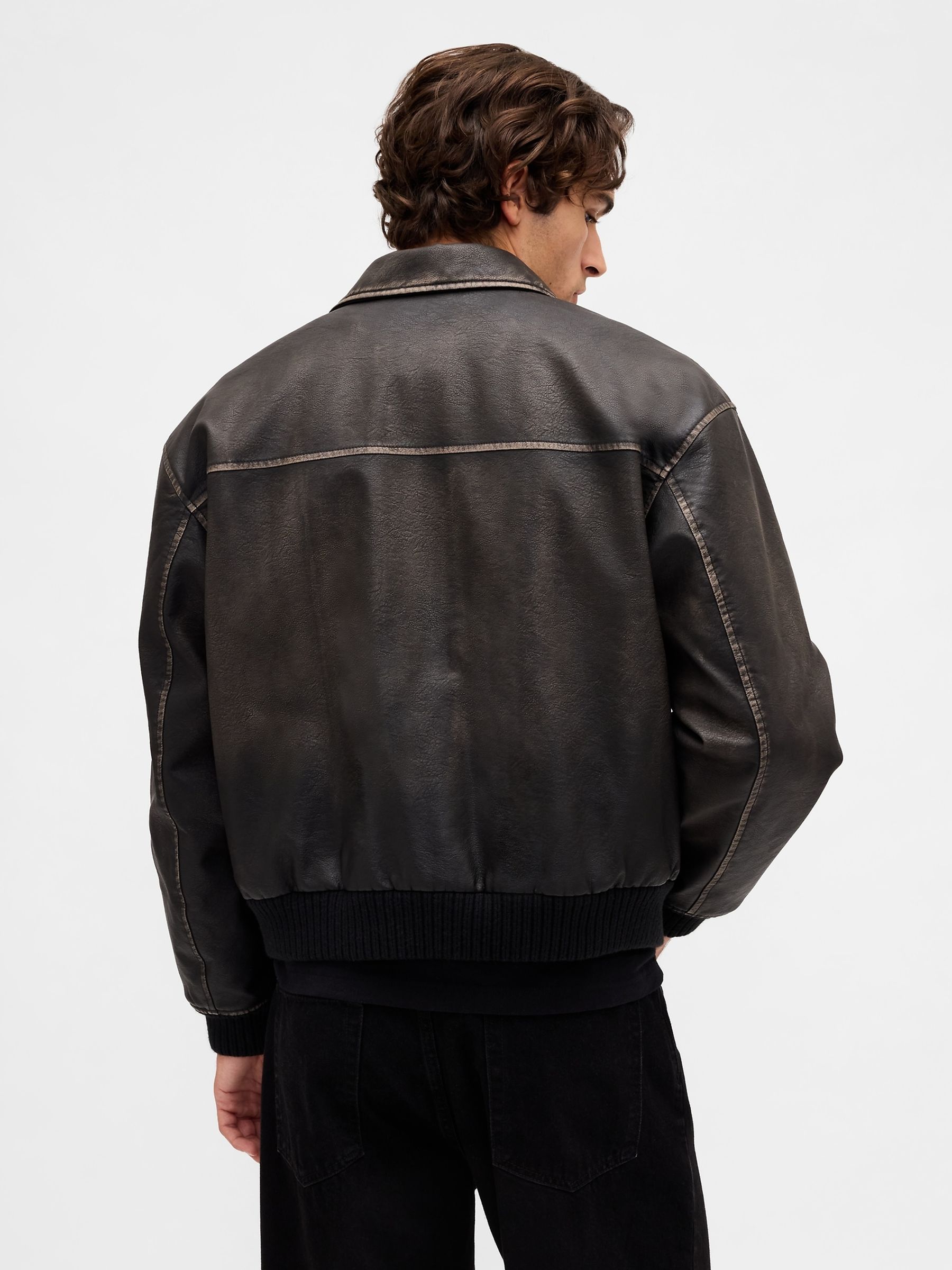 Brown Vegan Leather Bomber Jacket - Image 2 of 5 Brown Vegan Leather Bomber Jacket - Image 2 of 5