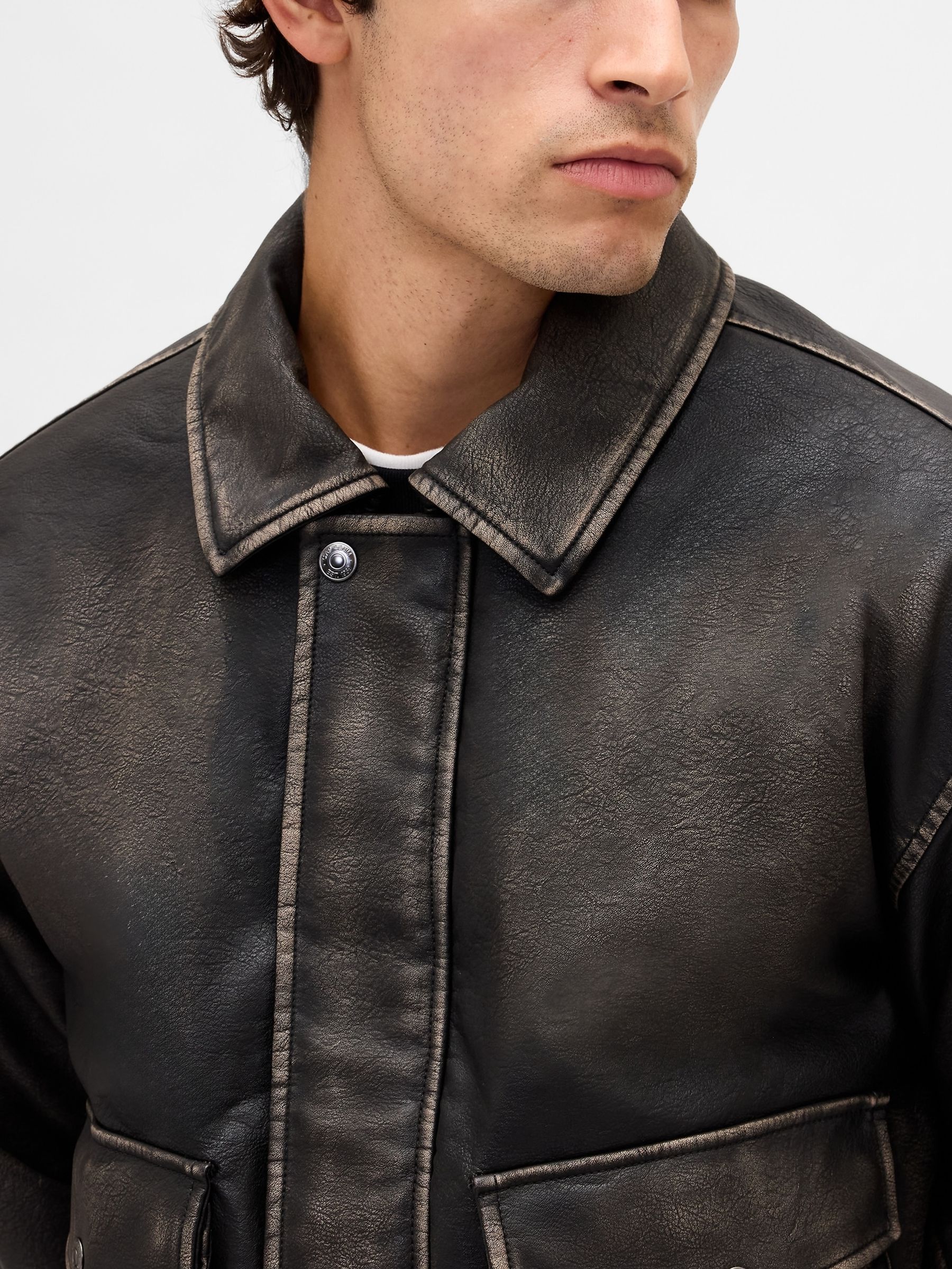 Brown Vegan Leather Bomber Jacket - Image 4 of 5