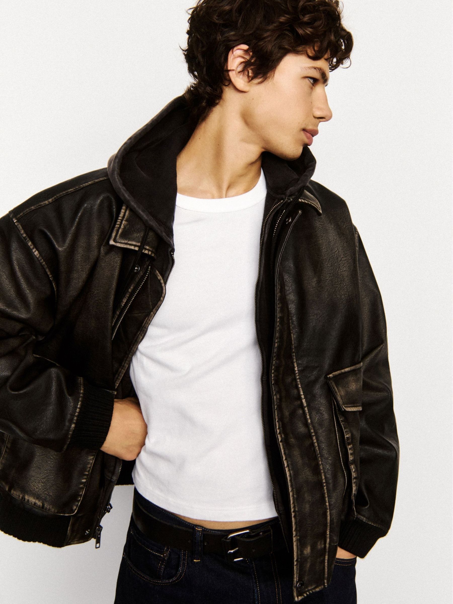 Brown Vegan Leather Bomber Jacket - Image 7 of 9