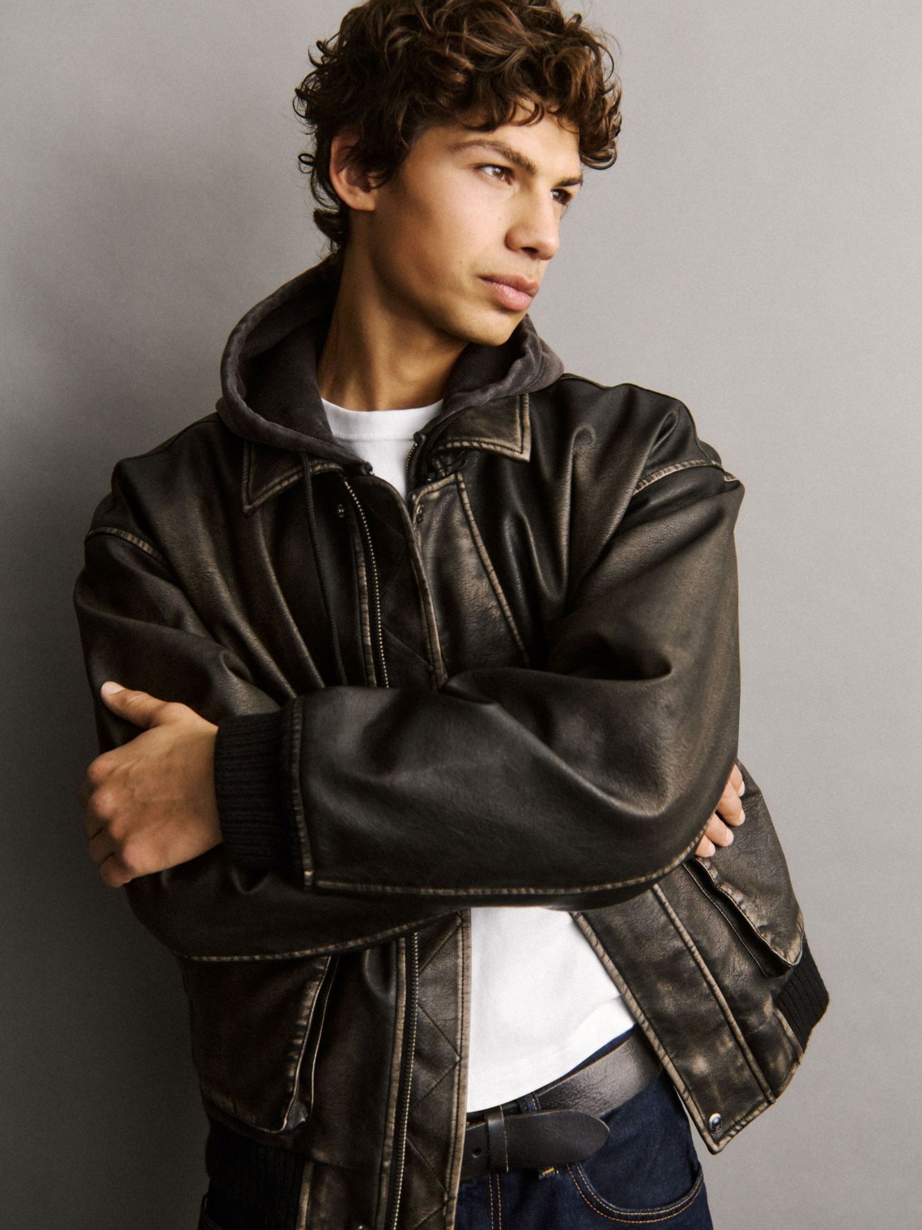 Brown Vegan Leather Bomber Jacket - Image 8 of 9