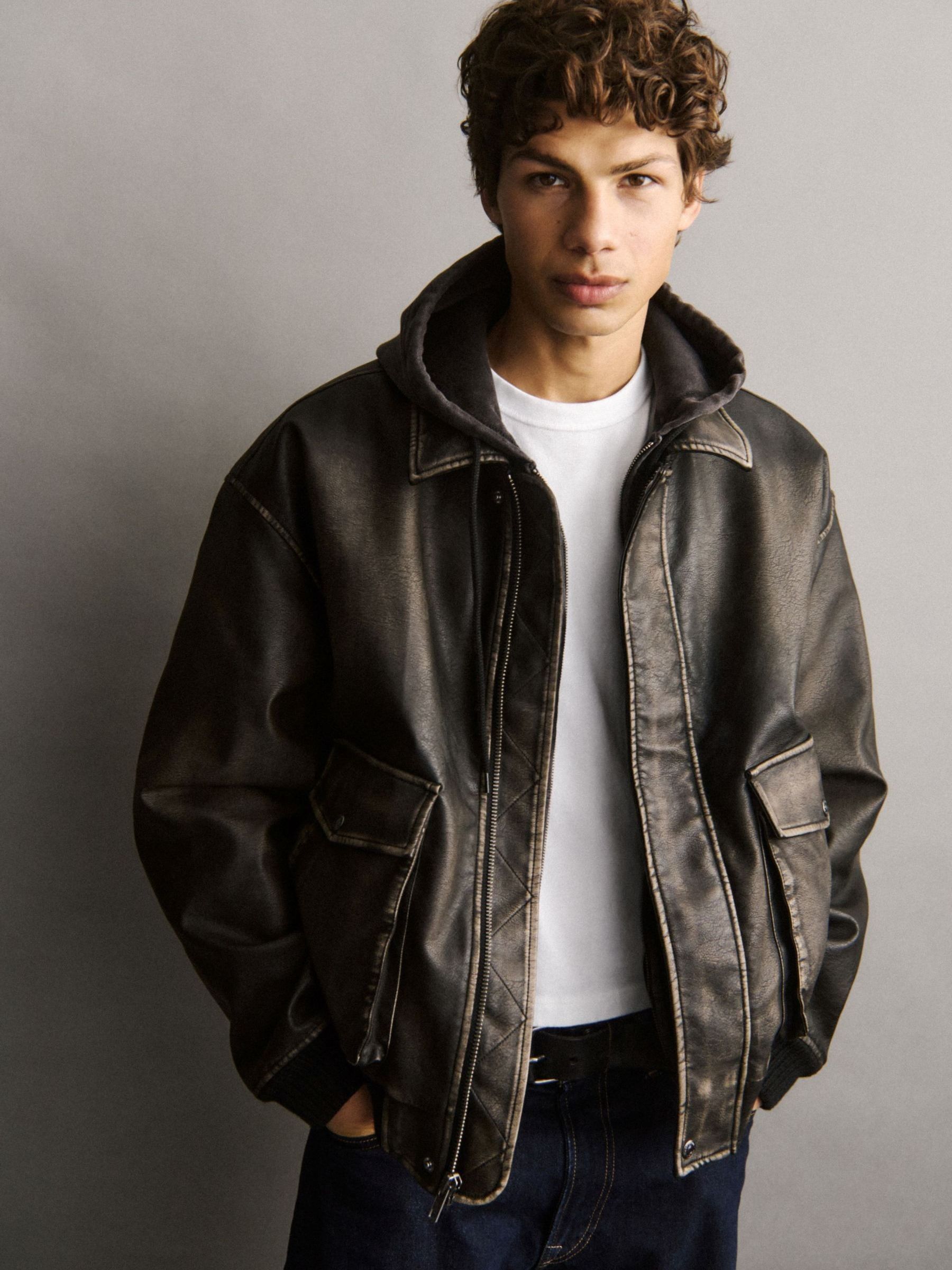 Brown Vegan Leather Bomber Jacket - Image 9 of 9