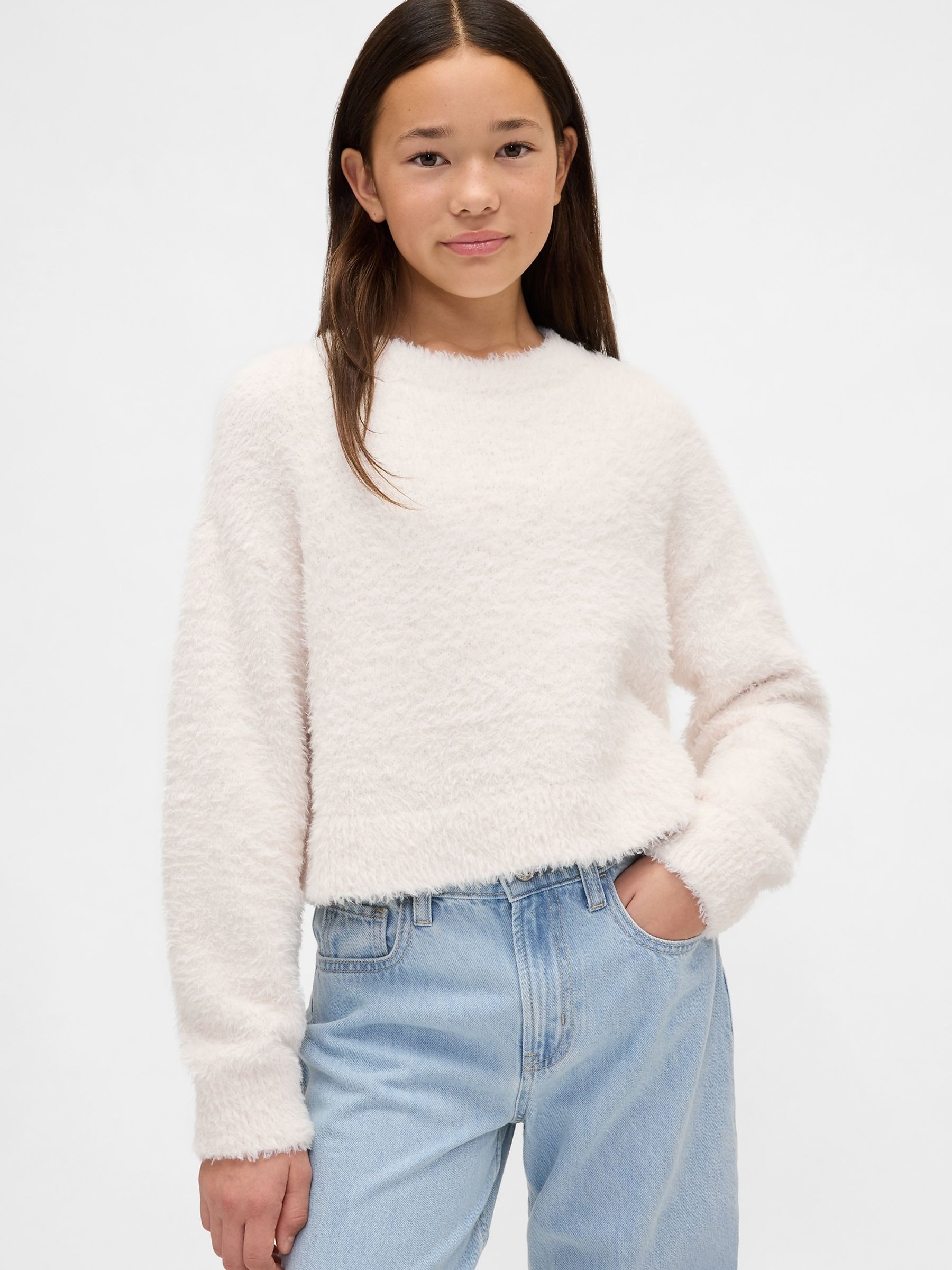 White Eyelash Crew Neck Jumper - Image 1 of 5