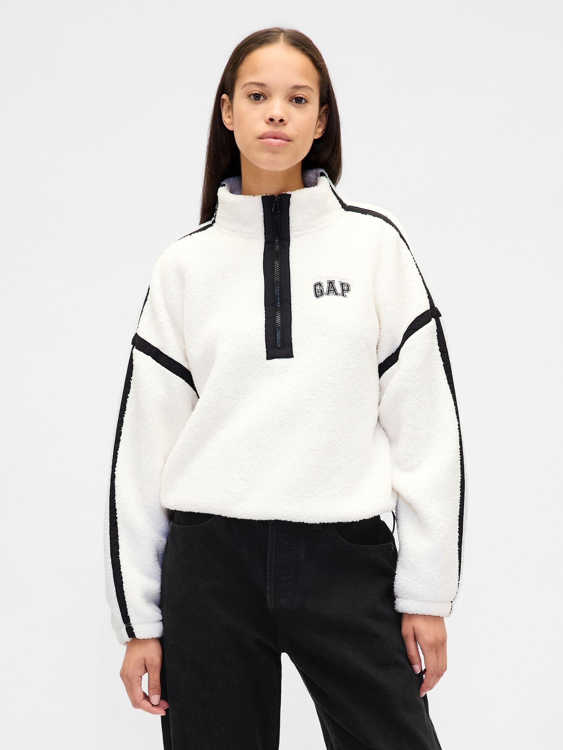 White Oversized Cropped Half-Zip Sweatshirt - Image 1 of 4