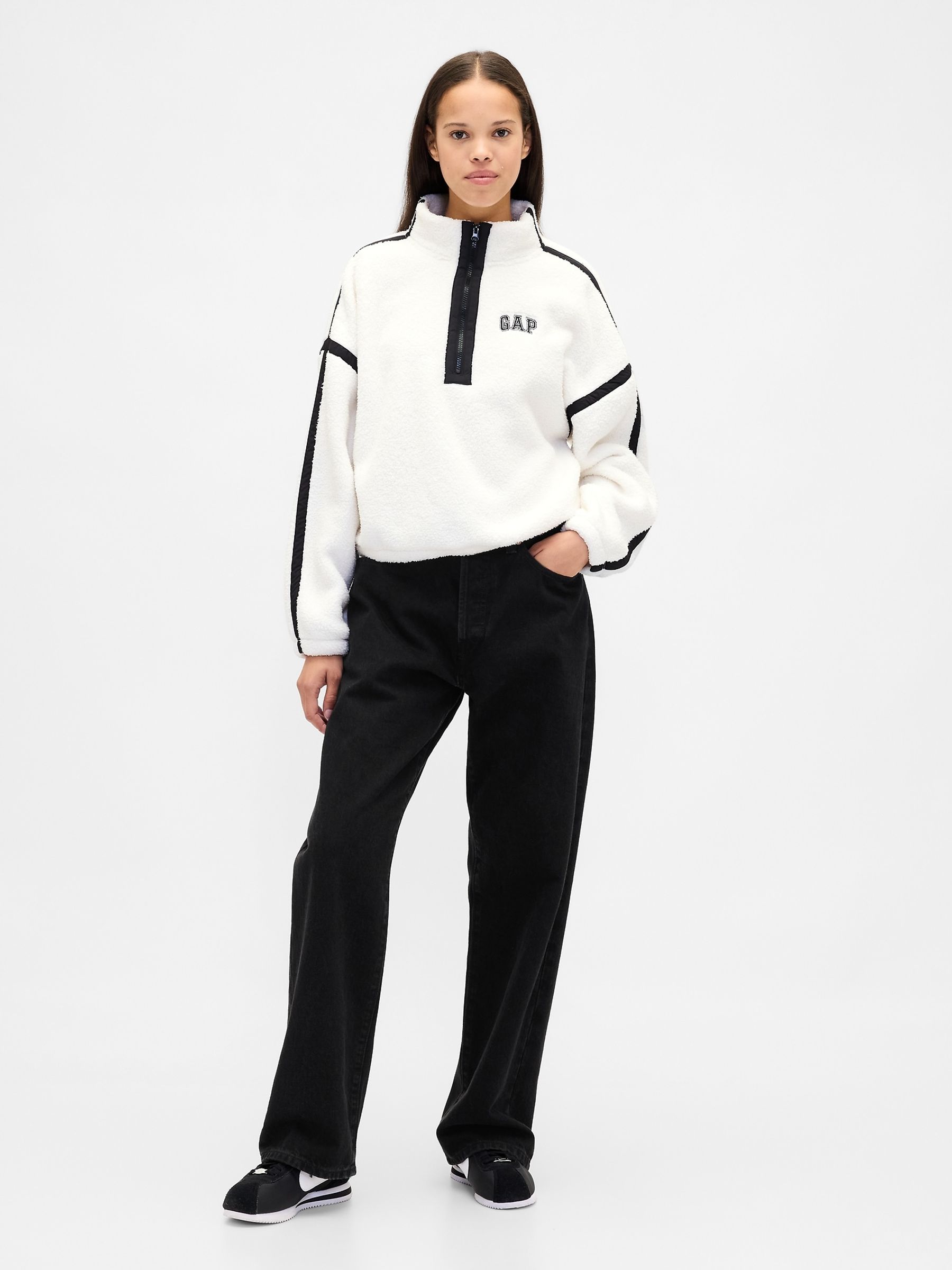 White Oversized Cropped Half-Zip Sweatshirt - Image 3 of 4