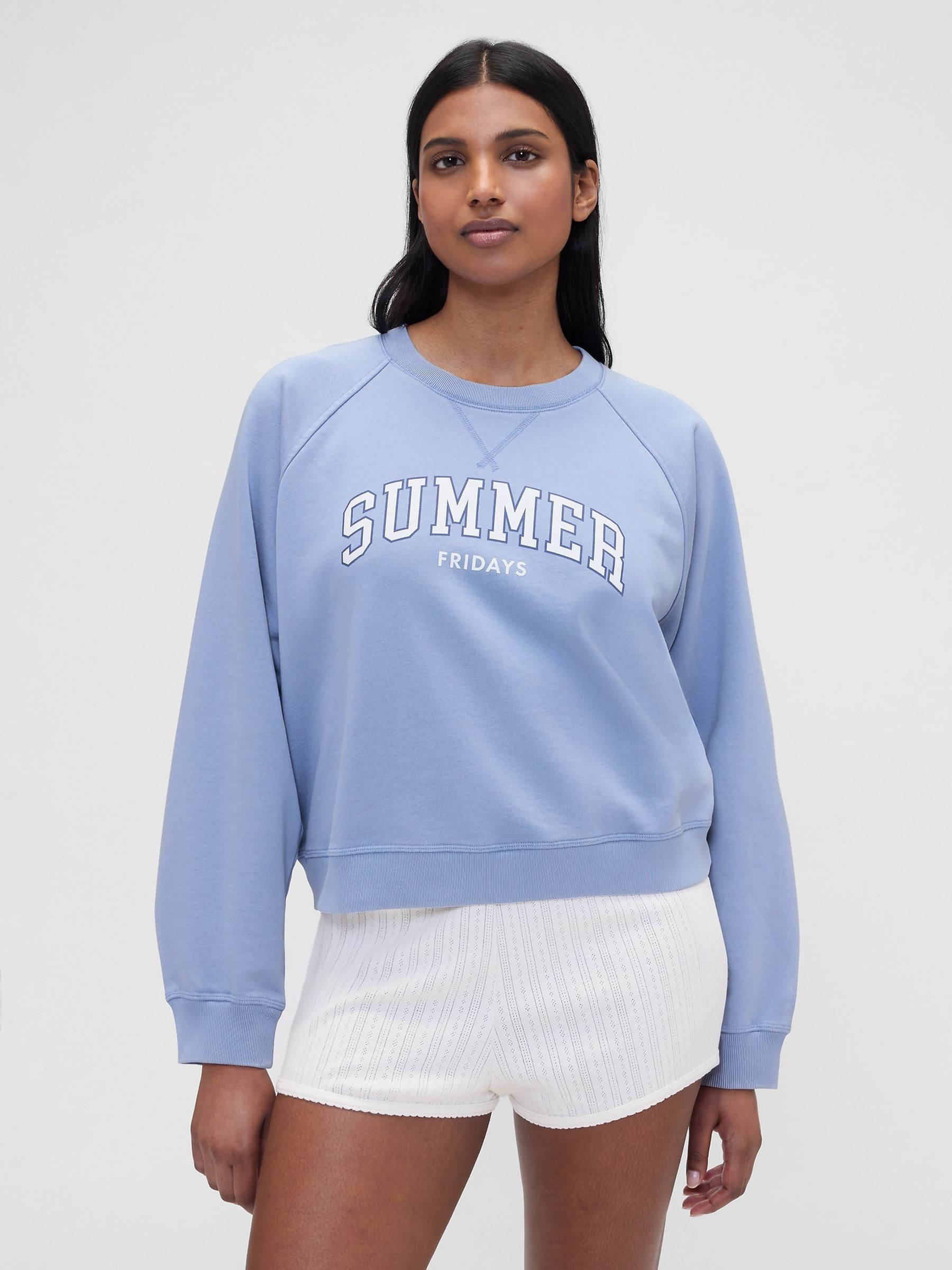 Gap X Summer Fridays Blue Oversized Raglan Logo Sweatshirt - Image 1 of 8 Gap X Summer Fridays Blue Oversized Raglan Logo Sweatshirt - Image 1 of 8
