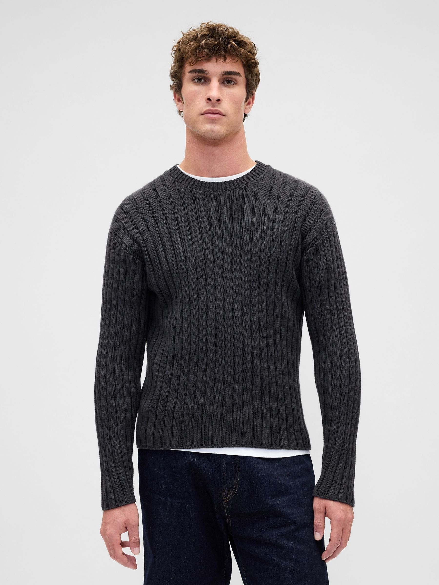 Black Wide Rib Slim Crew neck Jumper - Image 1 of 4 Black Wide Rib Slim Crew neck Jumper - Image 1 of 4